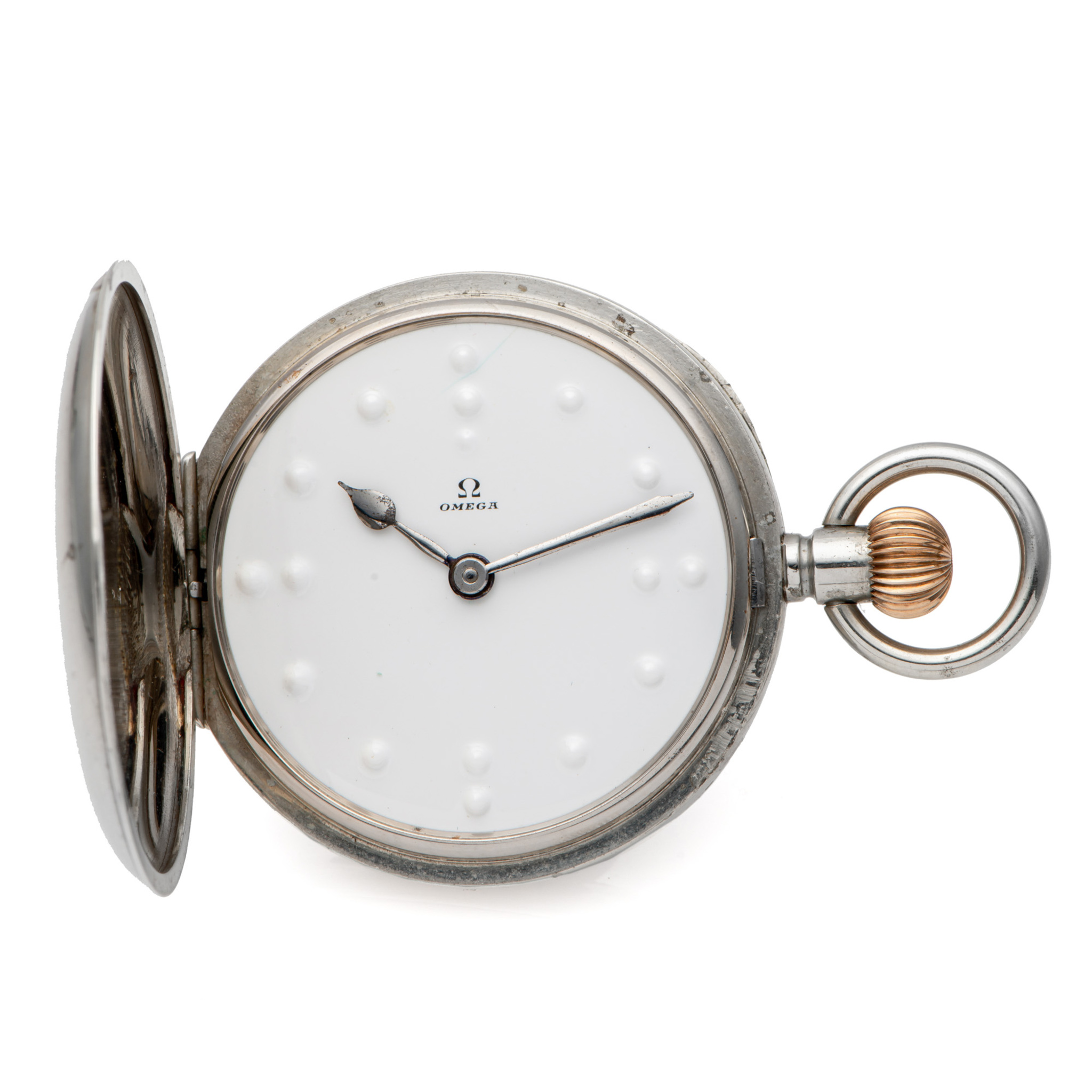 OMEGA, BRAILLE ENAMEL DIAL POCKET WATCH, STEEL