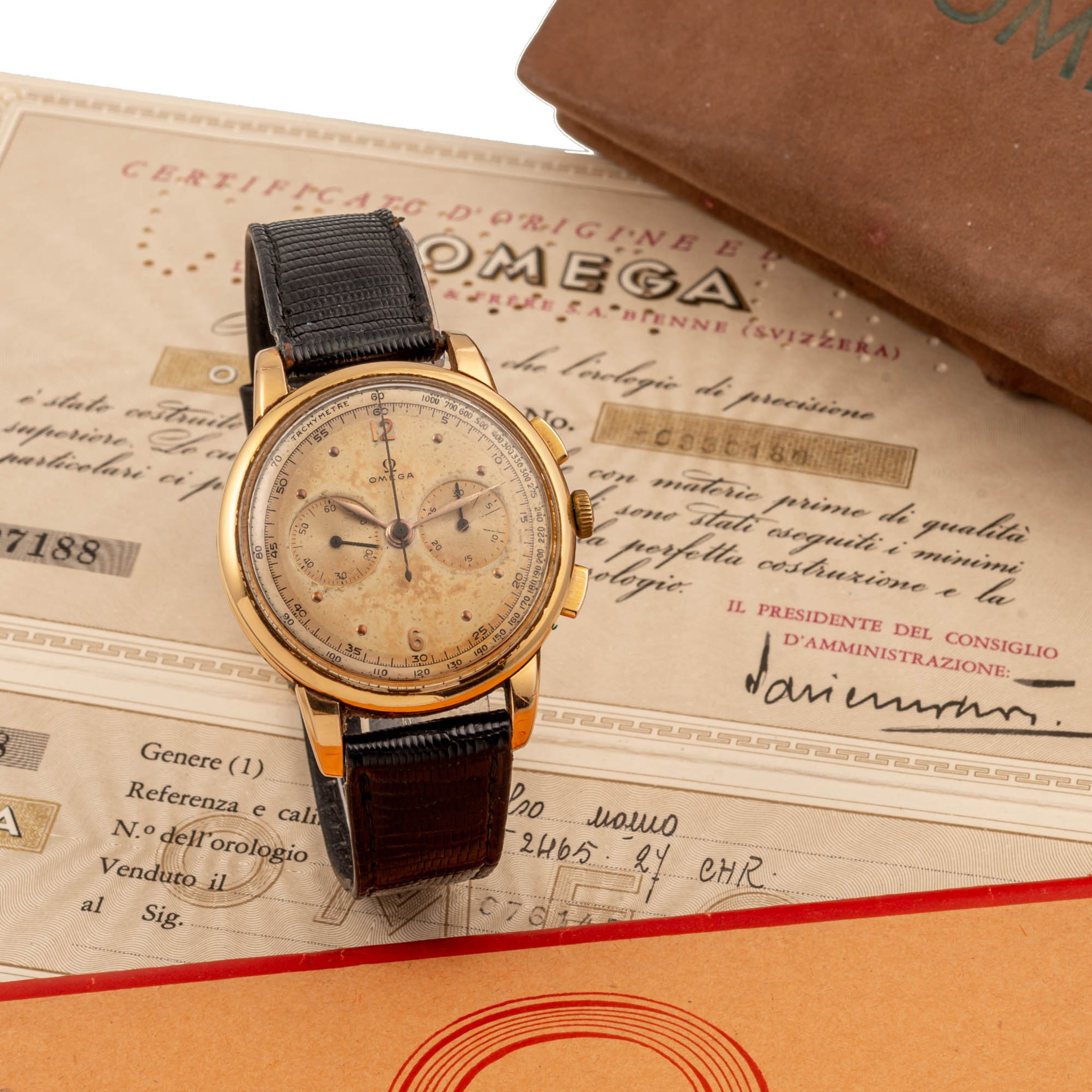 OMEGA, REF. OT. 2465, OVERSIZE CHRONOGRAPH, TWO-TONE DIAL, YELLOW GOLD, ORIGINAL BOX AND CERTIFICATE