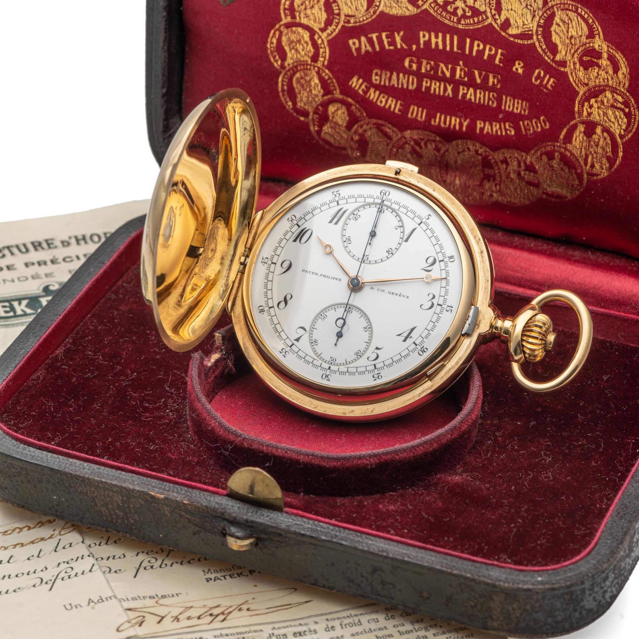 PATEK PHILIPPE HUNTING CASED CHRONOGRAPH YELLOW GOLD WITH ENAMEL PORTRAIT