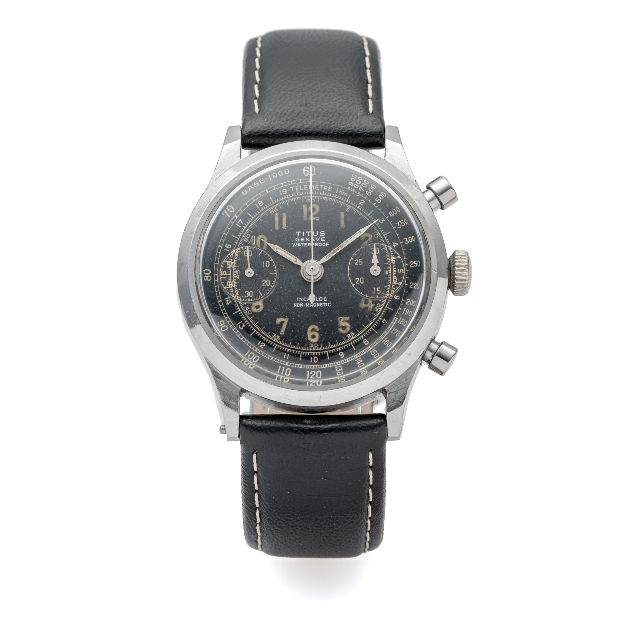 TITUS, OVERSIZE WATERPROOF CHRONOGRAPH, GILT BLACK DIAL, STEEL