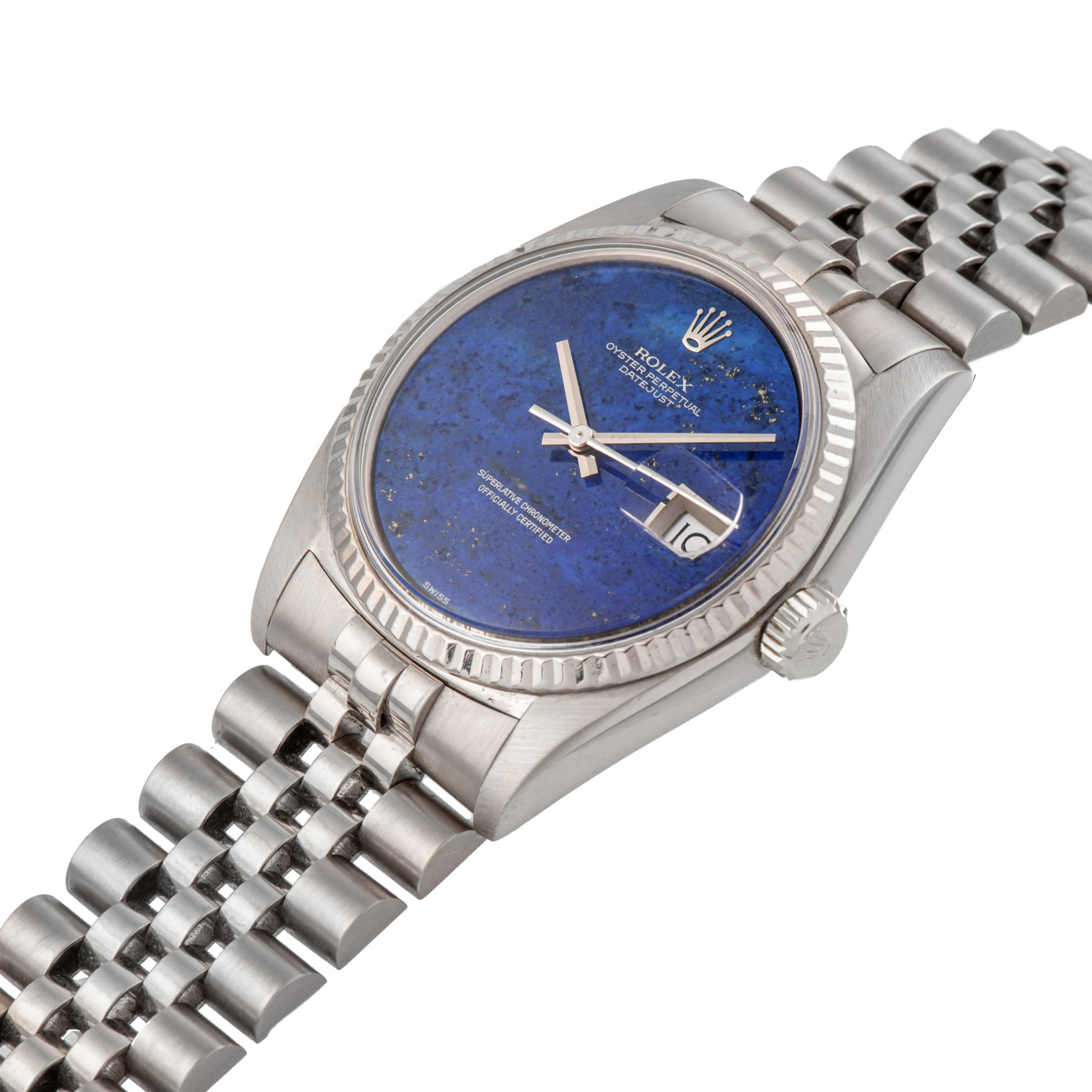 ROLEX, REF. 1601/1803, WHITE GOLD DATEJUST WITH LAPIS DIAL AND JUBILEE BRACELET