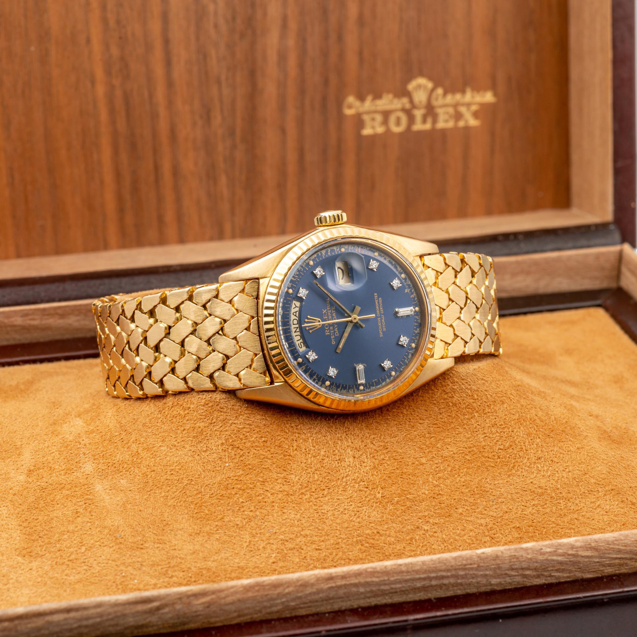 ROLEX, REF. 1803, DAY-DATE, BLUE DIAL, DIAMOND INDEXES, YELLOW GOLD