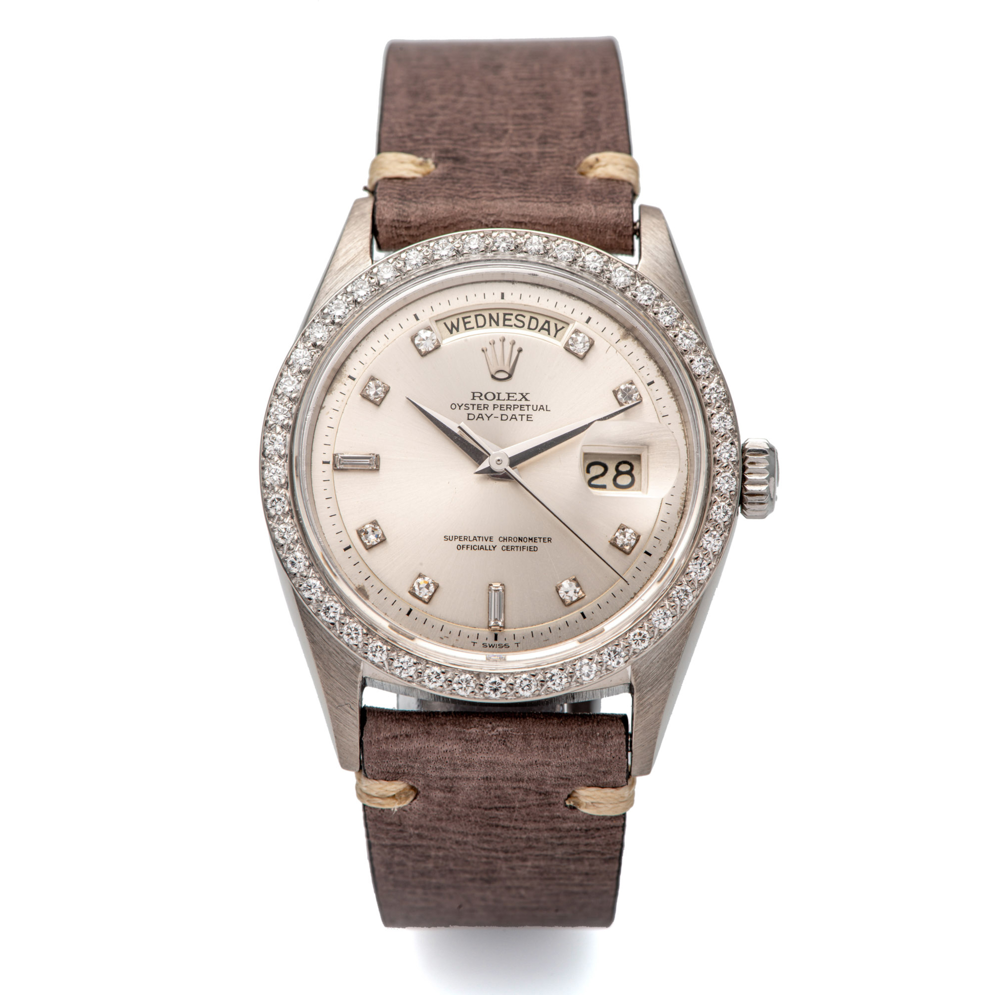ROLEX, REF. 1804/1803, DAY DATE WITH DIAMONDS BEZEL & INDEXES, WHITE GOLD