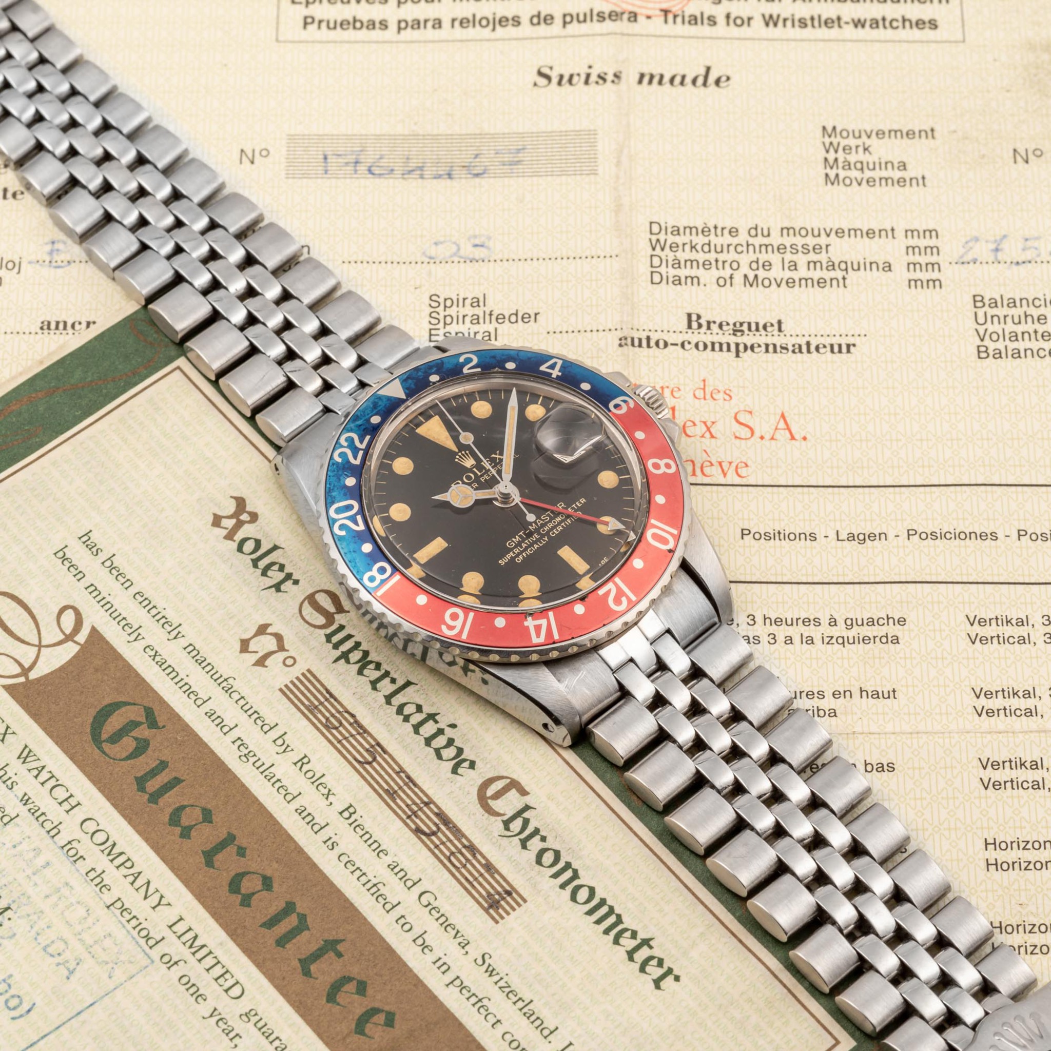 ROLEX, REF. 1675, GMT-MASTER, GILT TROPICAL DIAL, ORIGINAL WARRANTY, COSC, STEEL