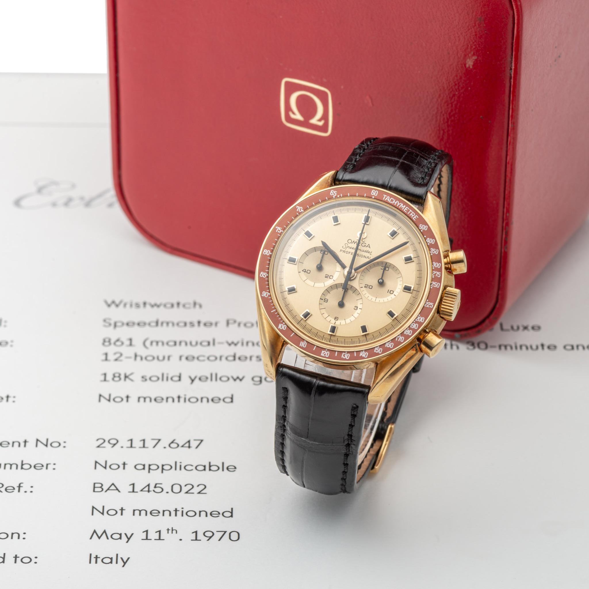 OMEGA, REF. 145.022, SPEEDMASTER, APOLLO XI, ROUND O, MARK II DIAL, YELLOW GOLD
