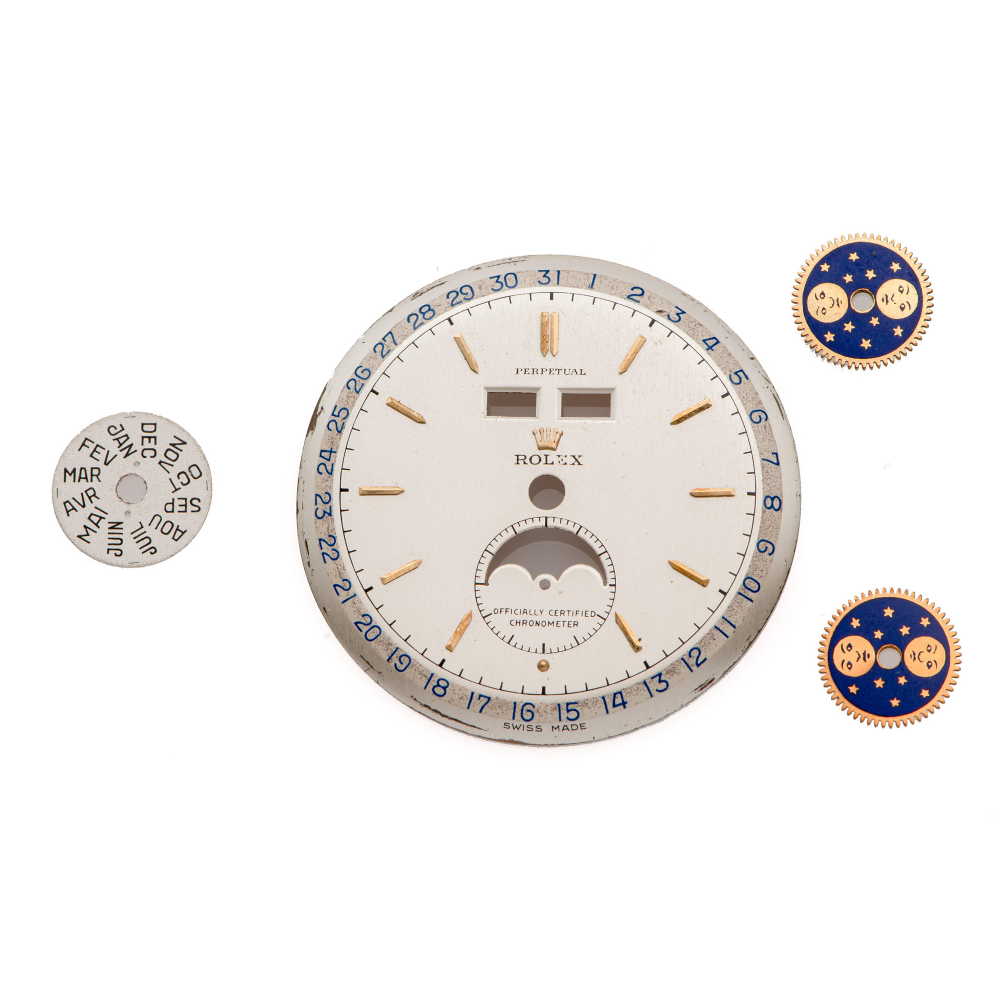 ROLEX DIAL, REF. 8171, PADELLONE OYSTER PERPETUAL, TWO-TONE SILVER, YELLOW GOLD INDEXES, WITH 2 MOONPHASE DISKS AND A MONTH DISK