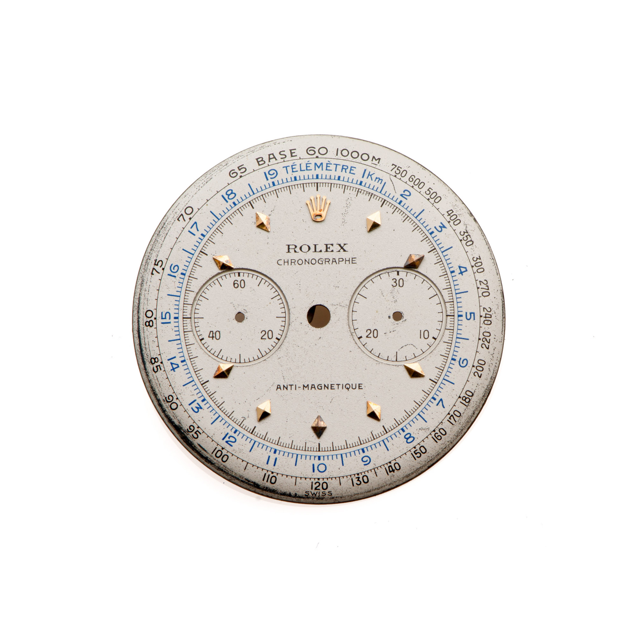 ROLEX DIAL, CHRONOGRAPHE, ANTI-MAGNETIQUE, SILVER, YELLOW GOLD LOSANGE INDEXES