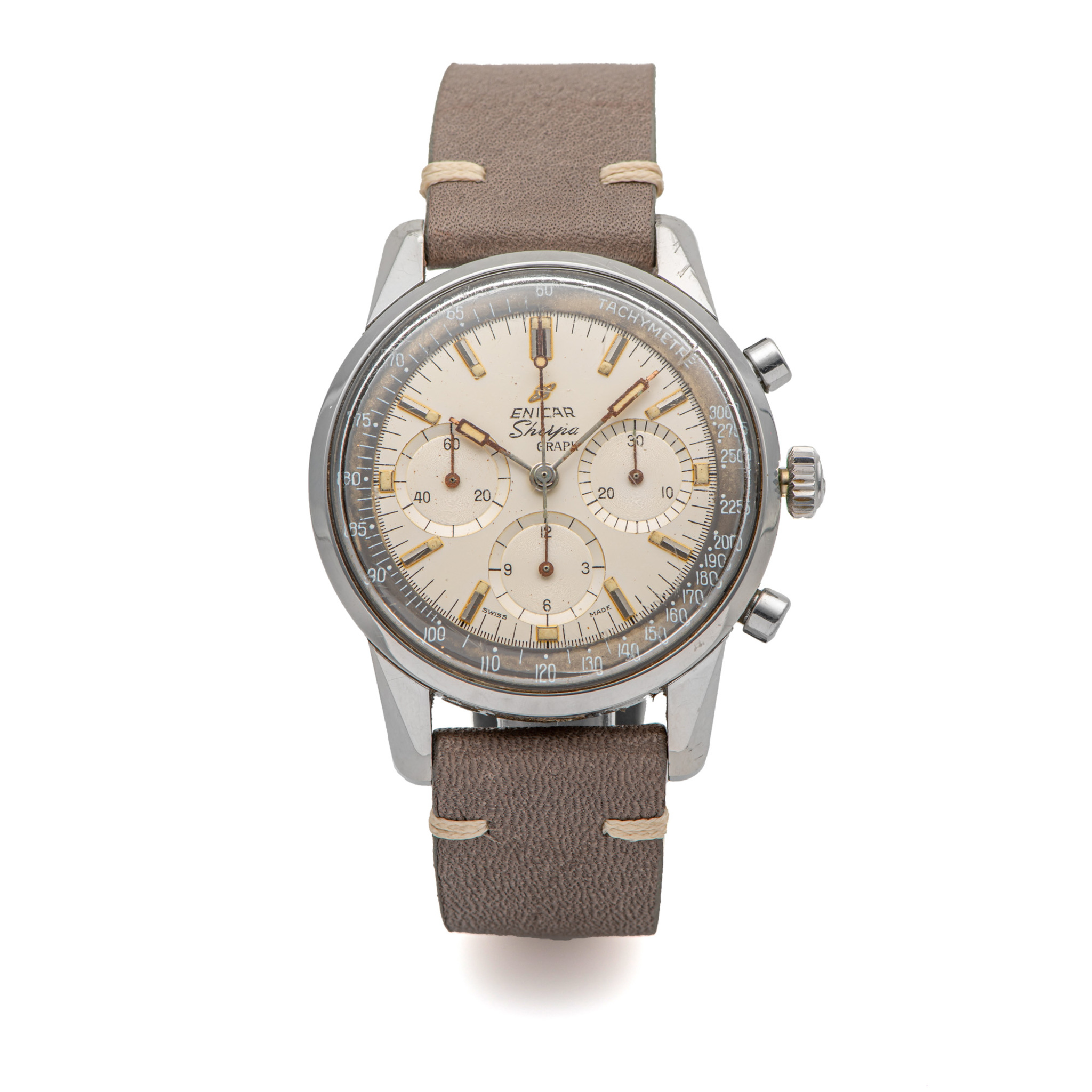 ENICAR, REF. 072-02-01, SHERPA GRAPH CHRONOGRAPH, SO CALLED “JIM CLARK” WHITE DIAL, VALJOUX 72, STEEL