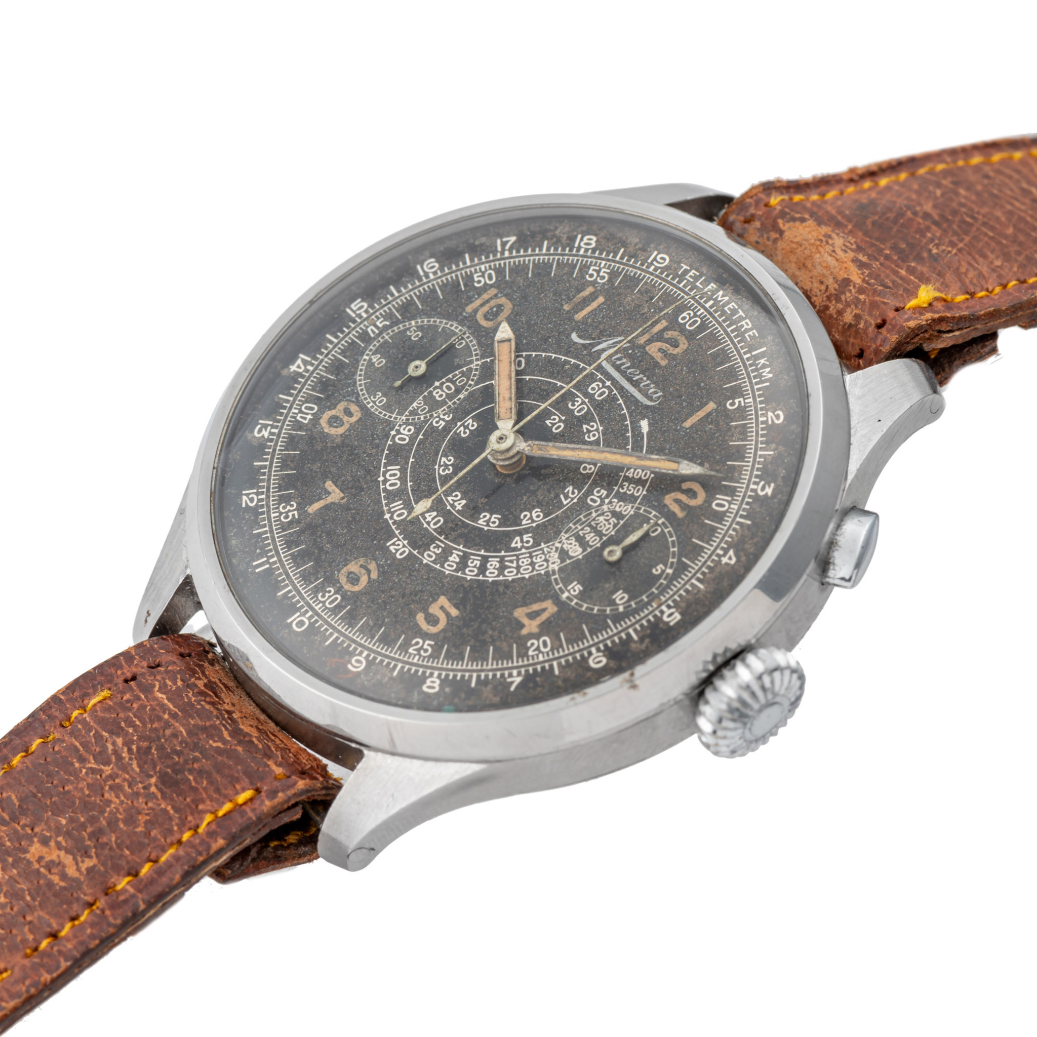 MINERVA, OVERSIZE, PILOT SINGLE BUTTON CHRONOGRAPH, BLACK TROPICAL DIAL, STEEL