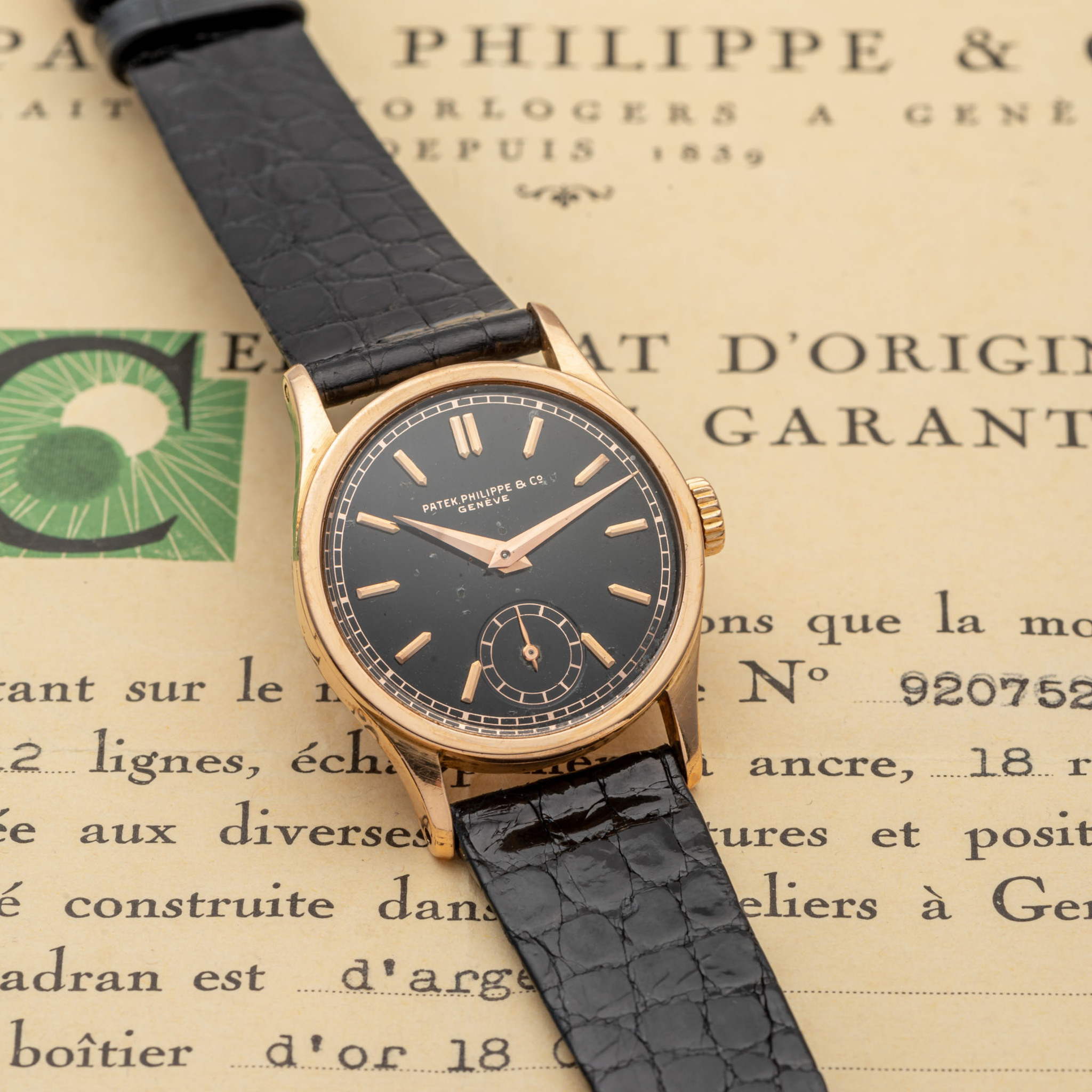 PATEK PHILIPPE, REF. 96, BLACK DIAL, ORIGINAL CERTIFICATE, PINK GOLD