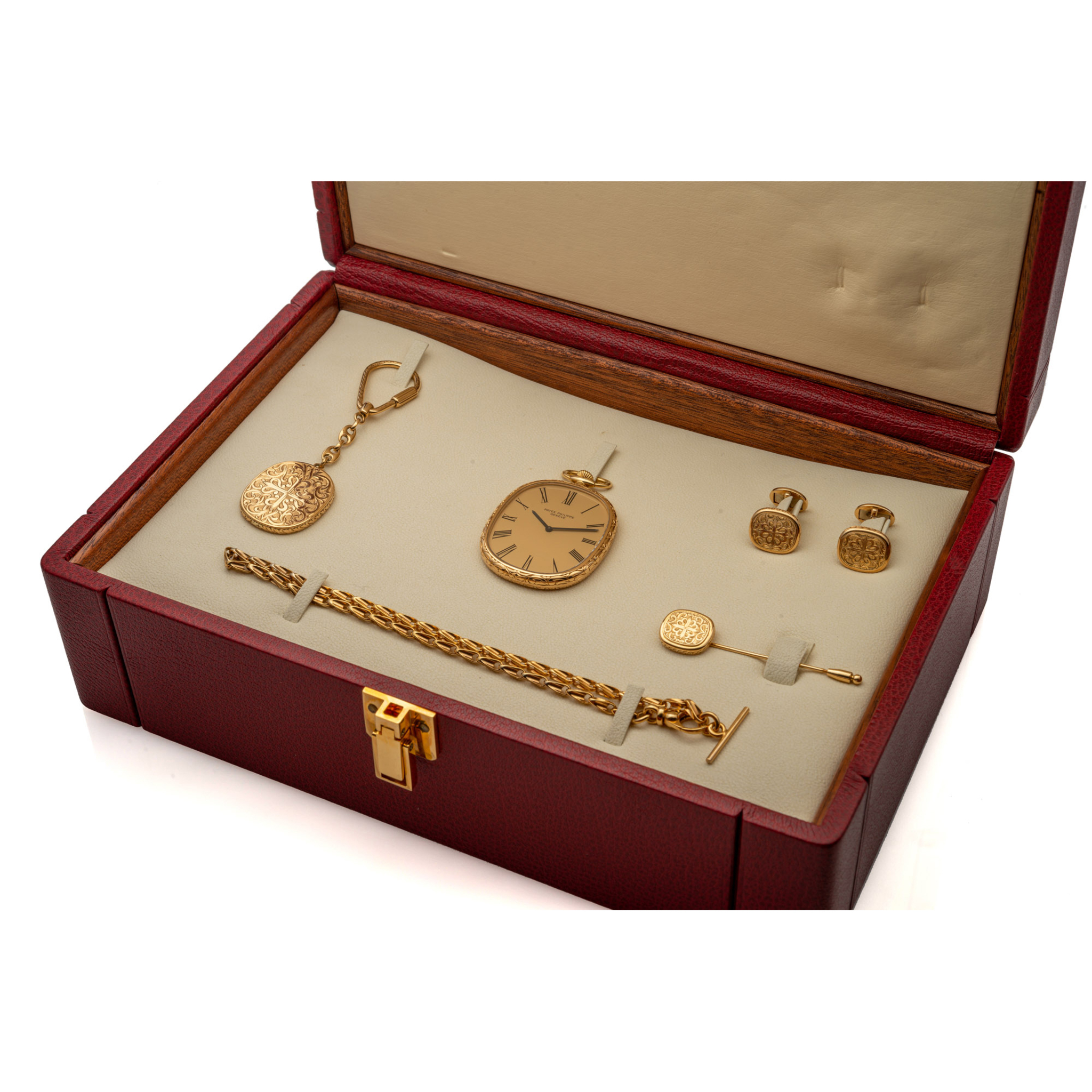PATEK PHILIPPE, REF. 874, GOLDEN ELLIPSE, SET OF A POCKET WATCH, KEYRING, CUFFLINKS, TIE PIN, GOLD CHAIN