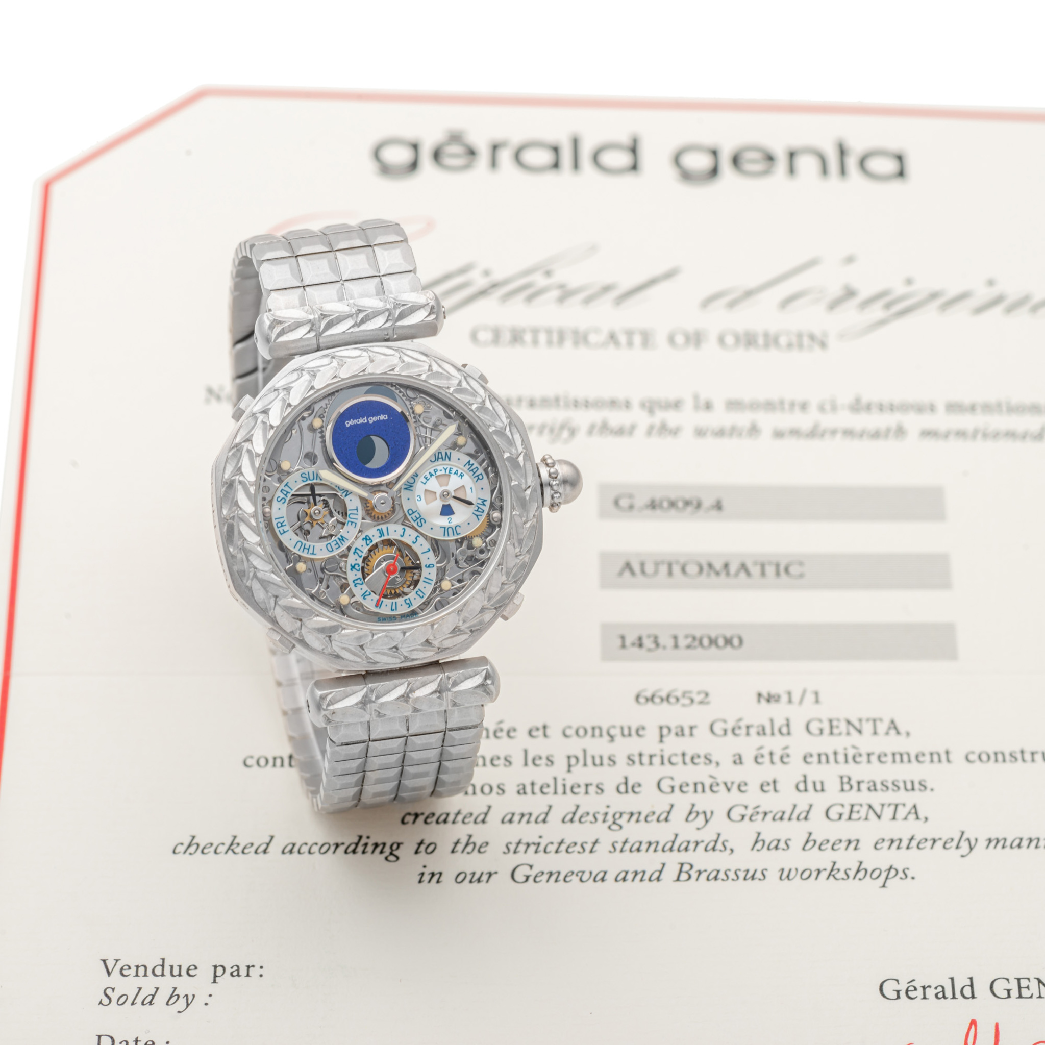 GERALD GENTA, REF. G4009, TOURBILLON PERPETUAL CALENDAR, MOTHER-OF-PEARL AND LAPIS SUBDIALS, NO. 1/1, WHITE GOLD