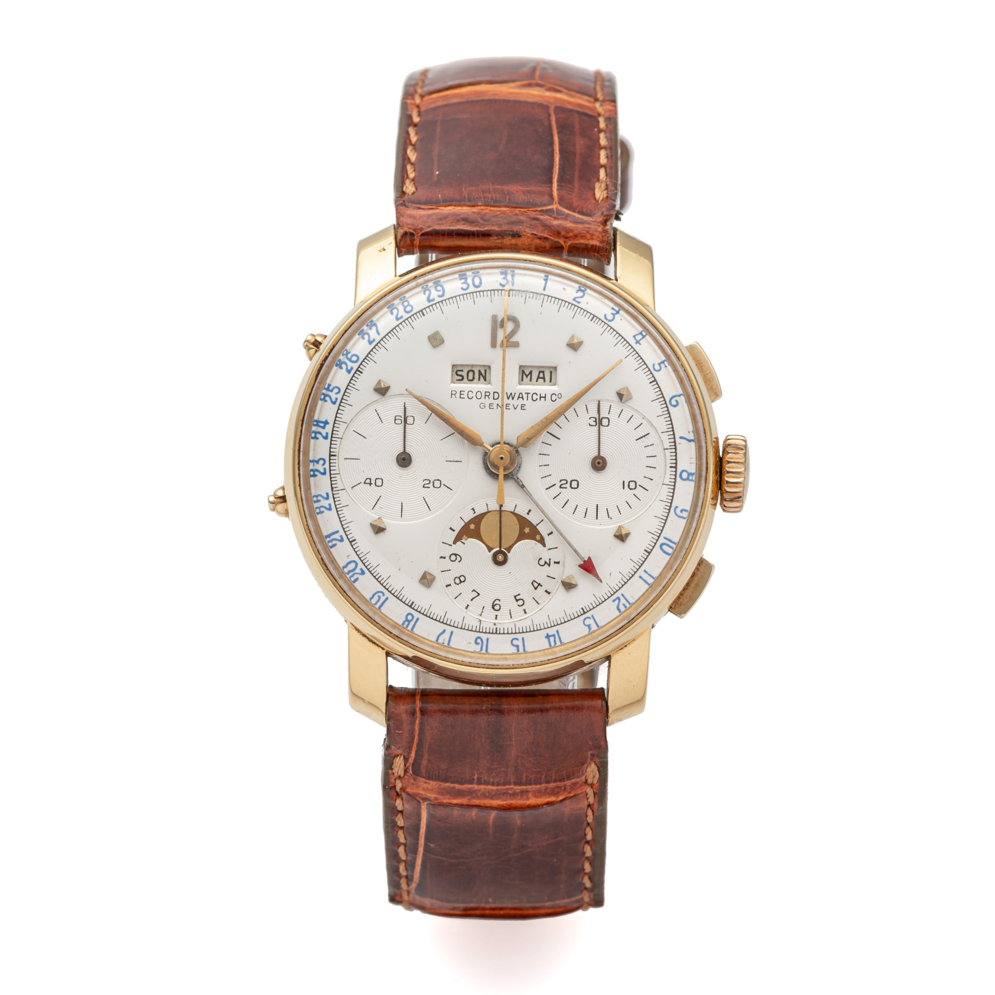 RECORD, TRIPLE DATE MOONPHASE CHRONOGRAPH, VALJOUX 88, YELLOW GOLD