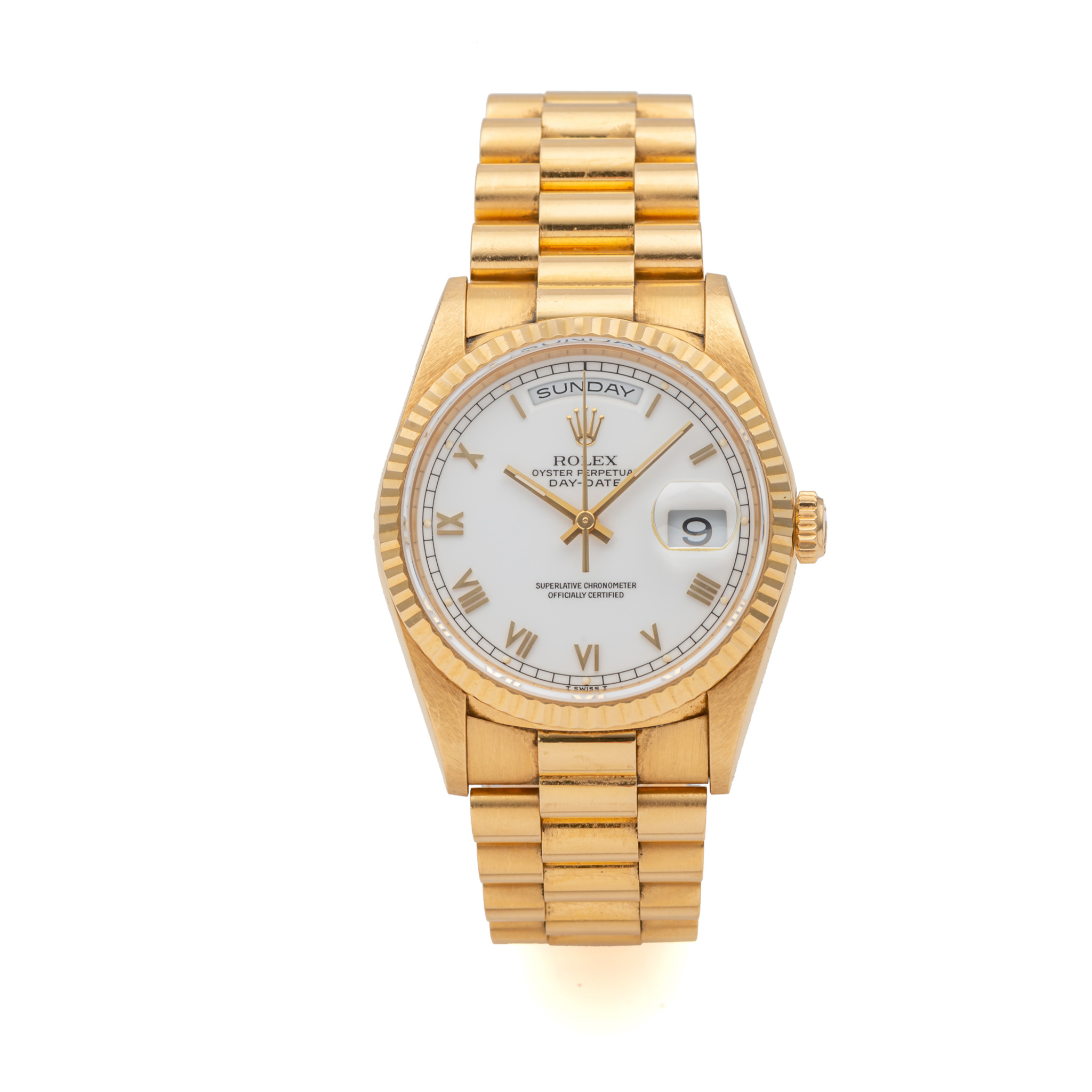 ROLEX, DAY-DATE, REF. 18238, WHITE ROMAN INDEXES DIAL, YELLOW GOLD
