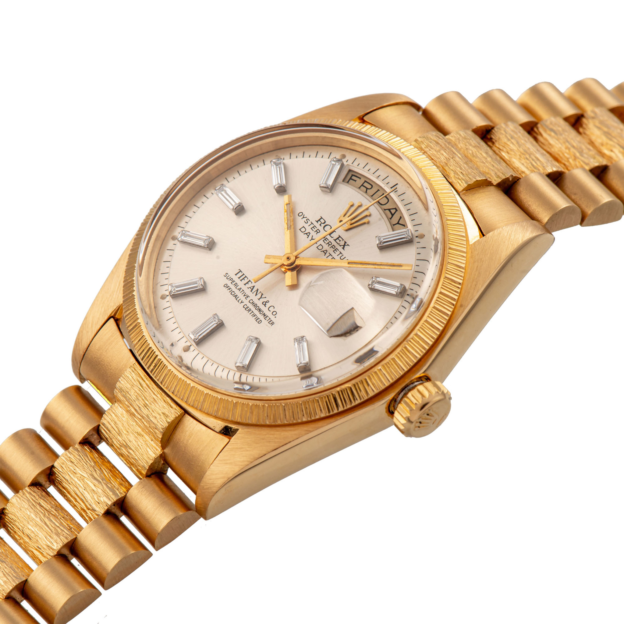 ROLEX, REF. 1807, BARK FINISH DAY DATE WITH BAGUETTE INDEXES AND TIFFANY & CO DIAL, YELLOW GOLD