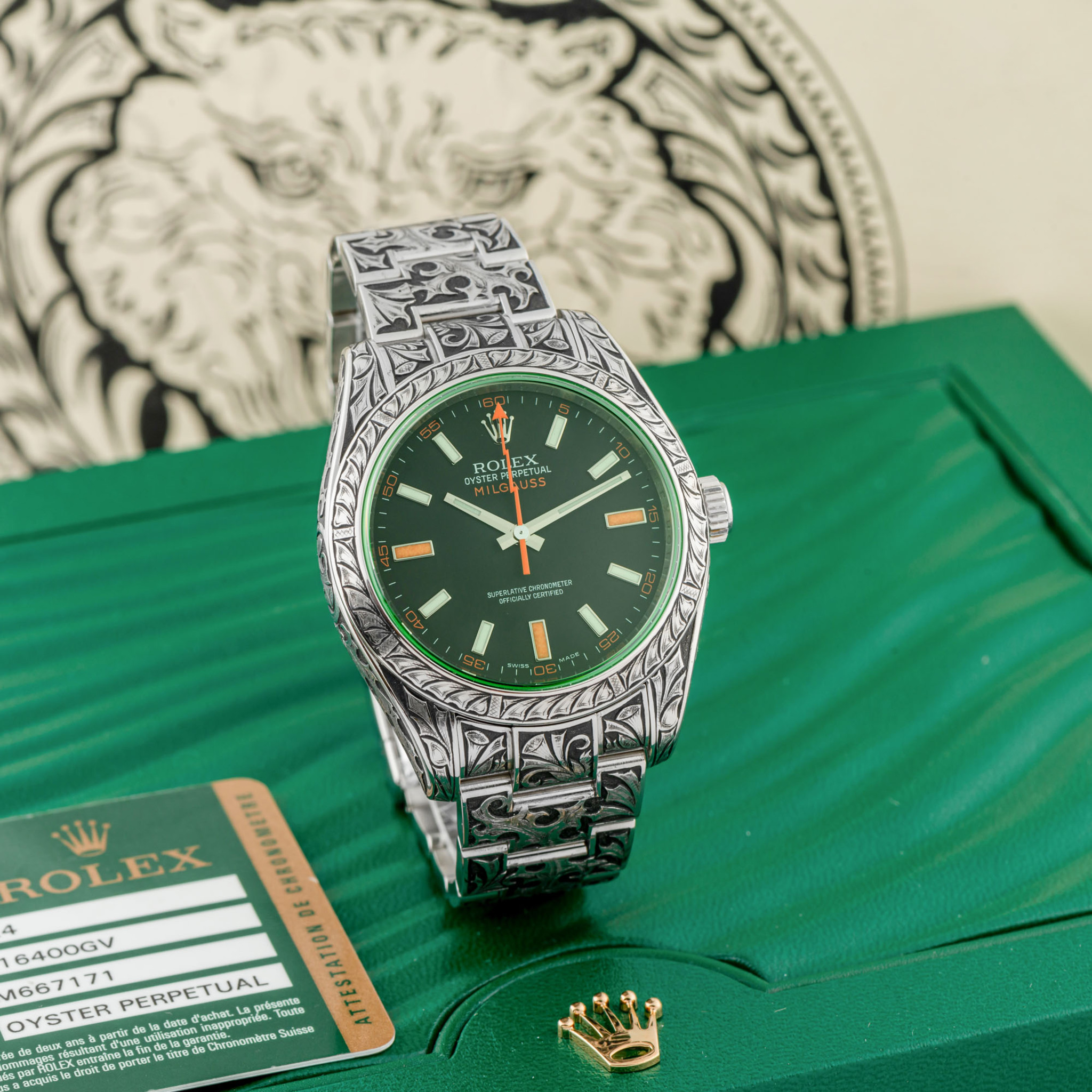 CUSTOM ENGRAVED ROLEX, REF. 116400GV, MILGAUSS, “THE WOLF”, STEEL