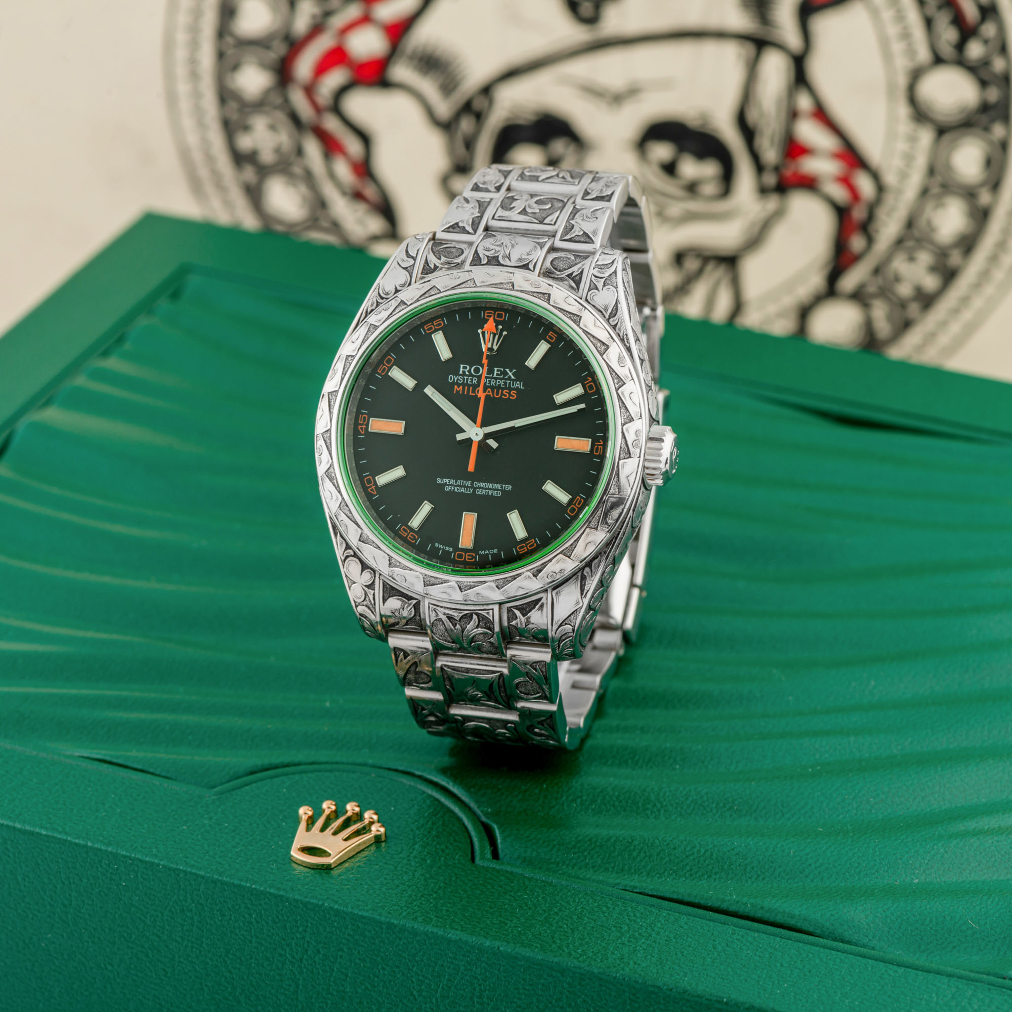 CUSTOM ENGRAVED ROLEX, REF. 116400GV, MILGAUSS, “THE JOKER”, STEEL