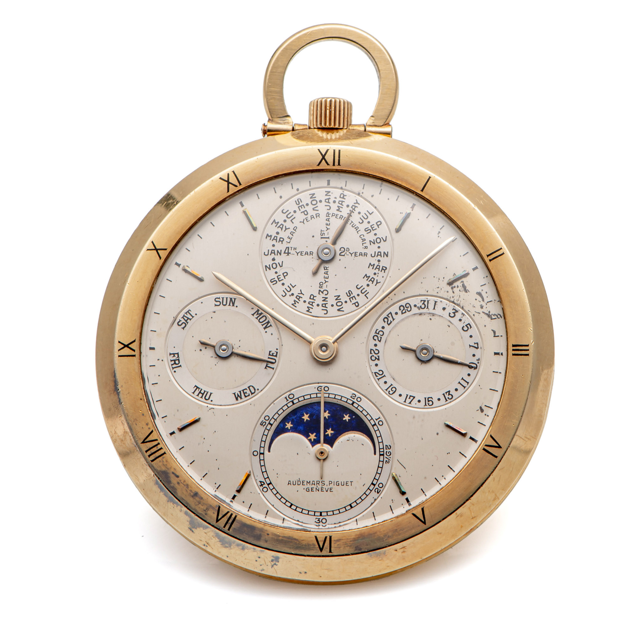 AUDEMARS PIGUET, REF. 5501, PERPETUAL CALENDAR POCKET WATCH, TWO-TONE DIAL, YELLOW GOLD