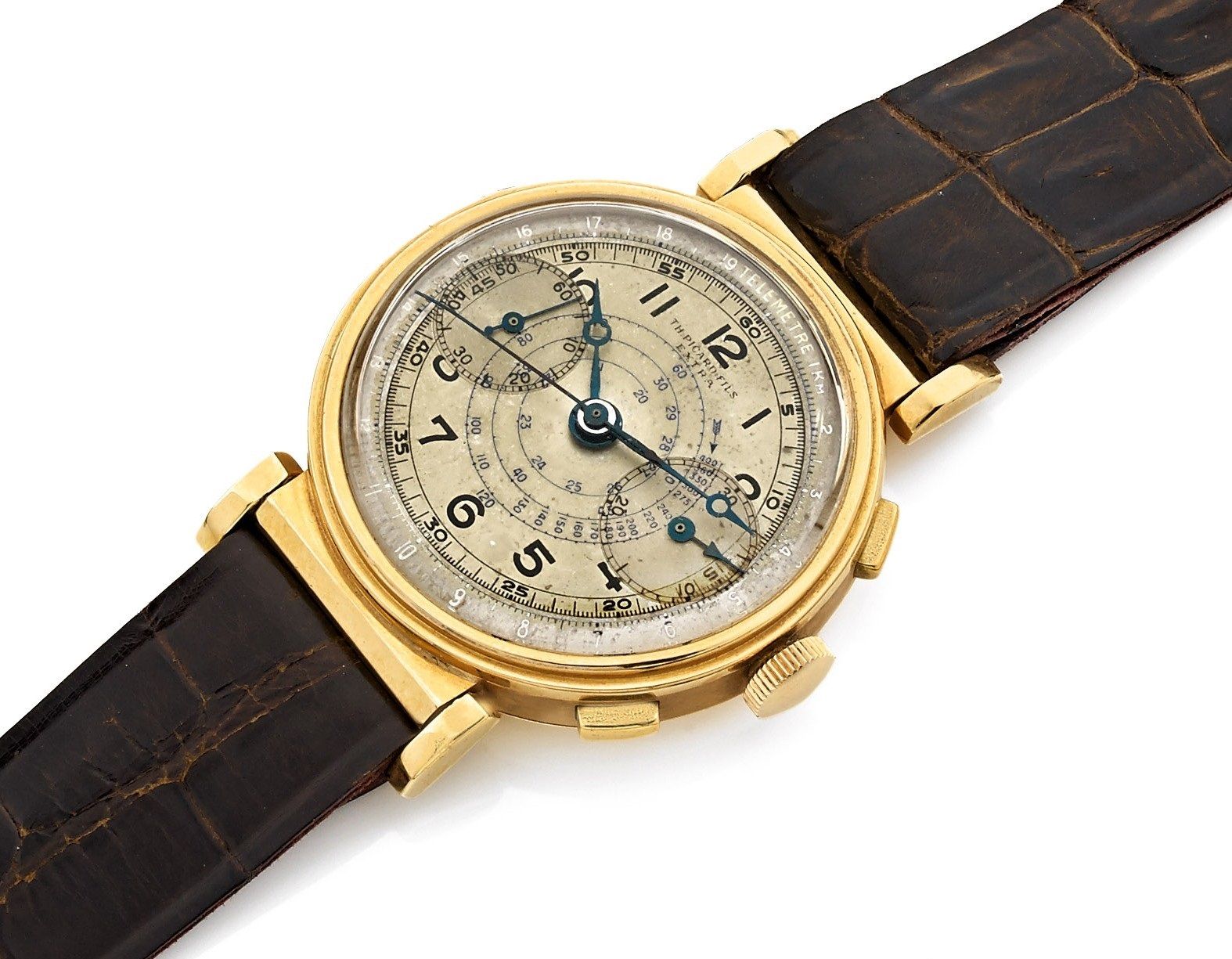 PICARD N° 26/7533, vers 1930 Beau chronographe bracelet en or 18K (750). Boîtier rond. Anses mobiles. Cadran crème avec deux com...
