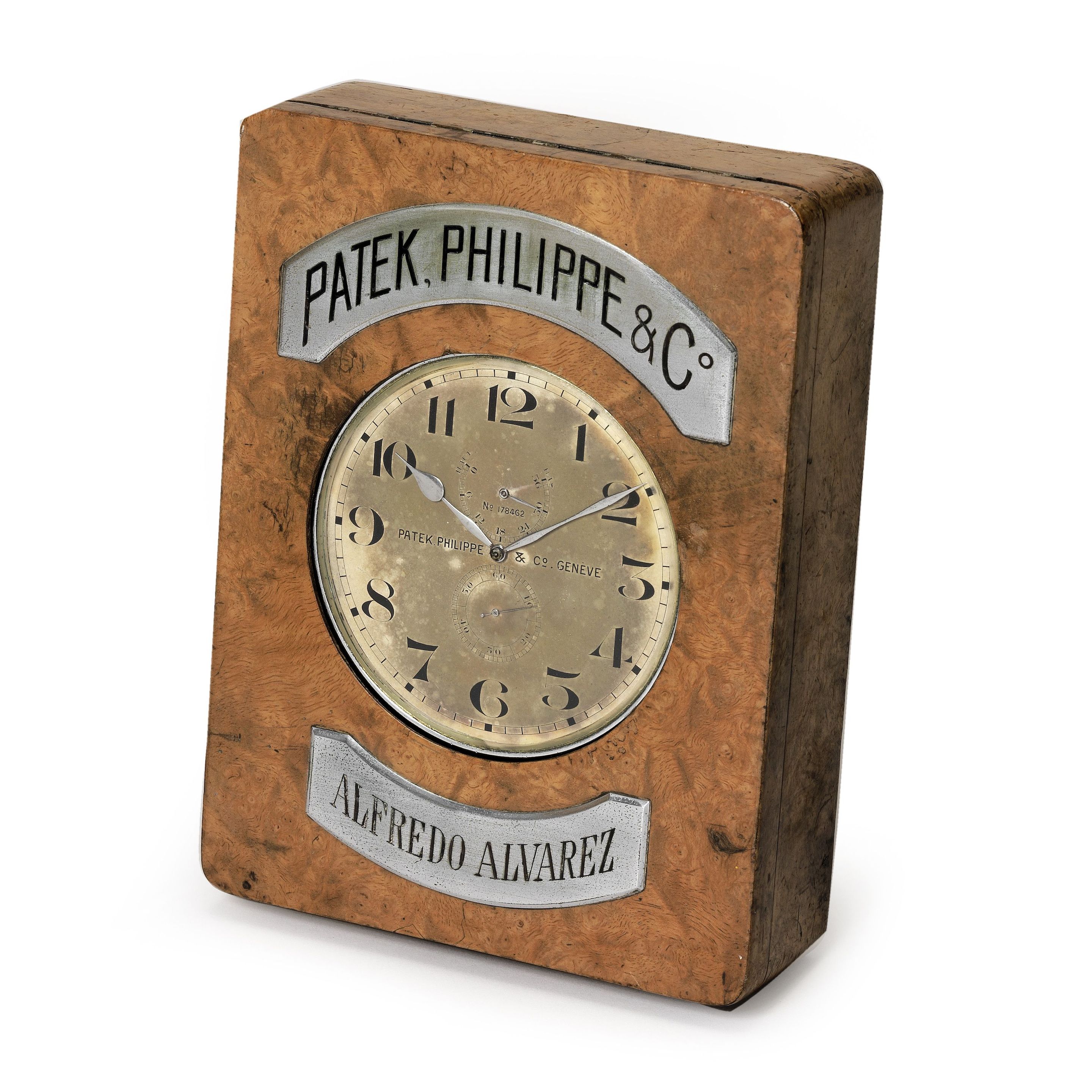 Patek Philippe & Cie, Geneve. A rare chrome plated keyless wind open face goliath pocket watch for shop/exhibition display in fitted walnut case From the ...