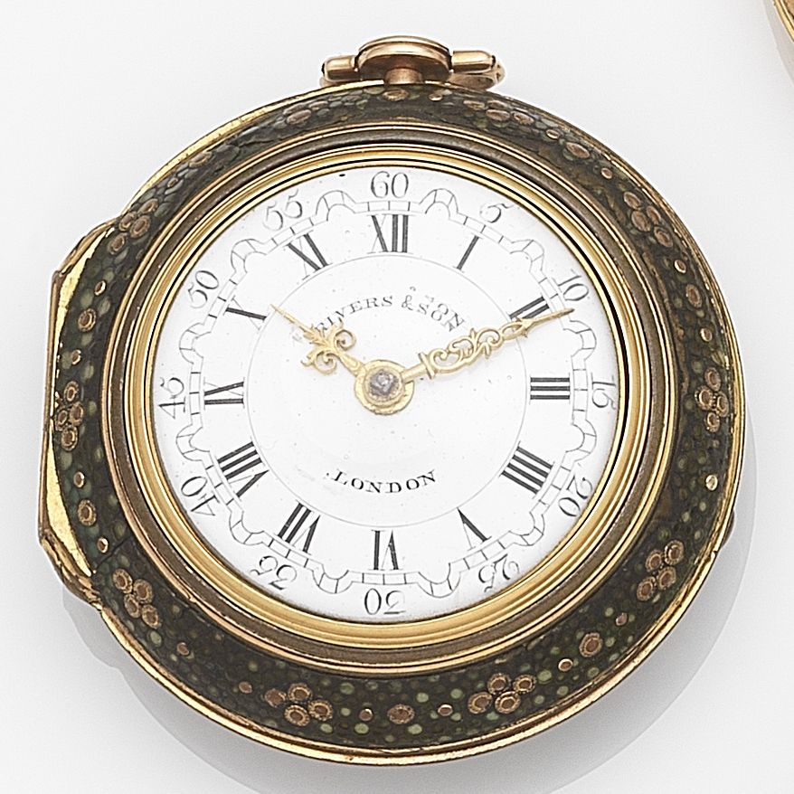 Rivers & Son, London. A gold triple case key wind pocket watch in shagreen case Case and Movement No.9808, London Hallmark for 1786