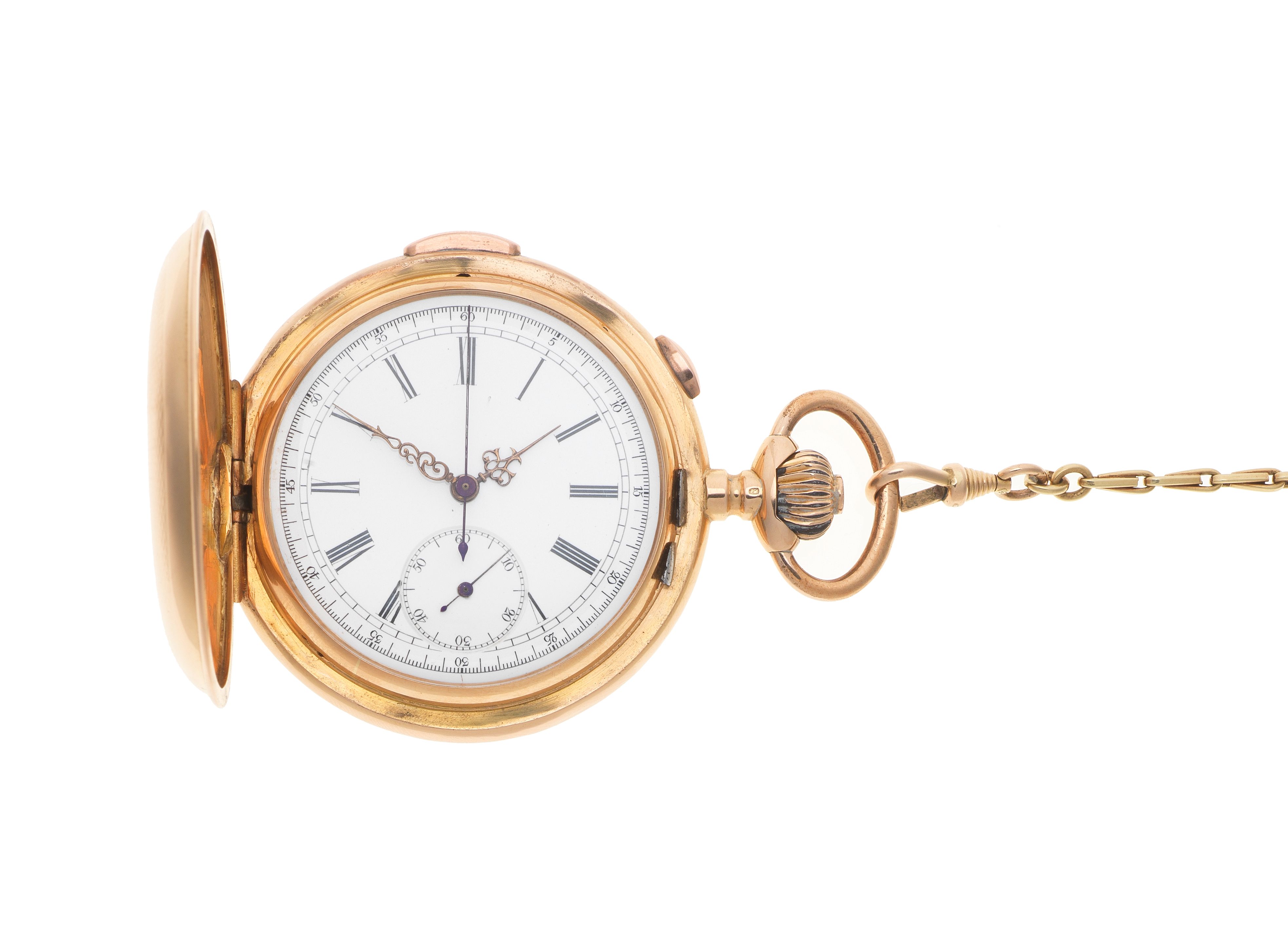 An 18K gold keyless wind quarter repeating chronograph full hunter pocket watch Circa 1890