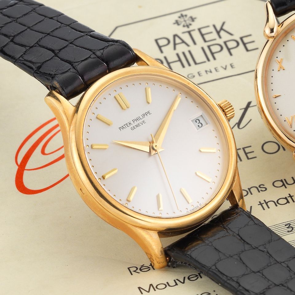 Patek Philippe. An 18K gold automatic calendar wristwatch with box and certificate of origin Calatrava, Ref:3998J, Movement No.1443494, Sold 28th May 1991