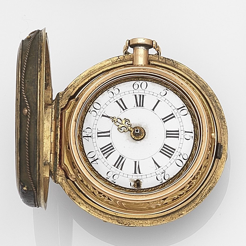 Cabrier, London. A continental gold key wind triple case repoussé pocket watch Circa 1730