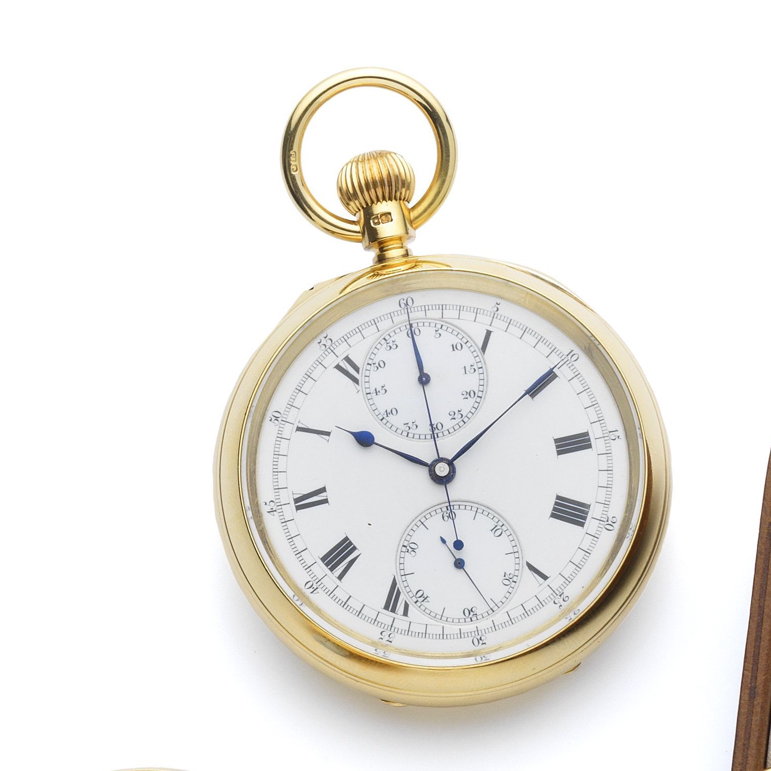 Bonniksen. A fine 18ct gold early 20th Century open face chronograph pocket watch with 52 1/2 minute Bonniksen Karrusel and regulator dial London Hallmark for ...