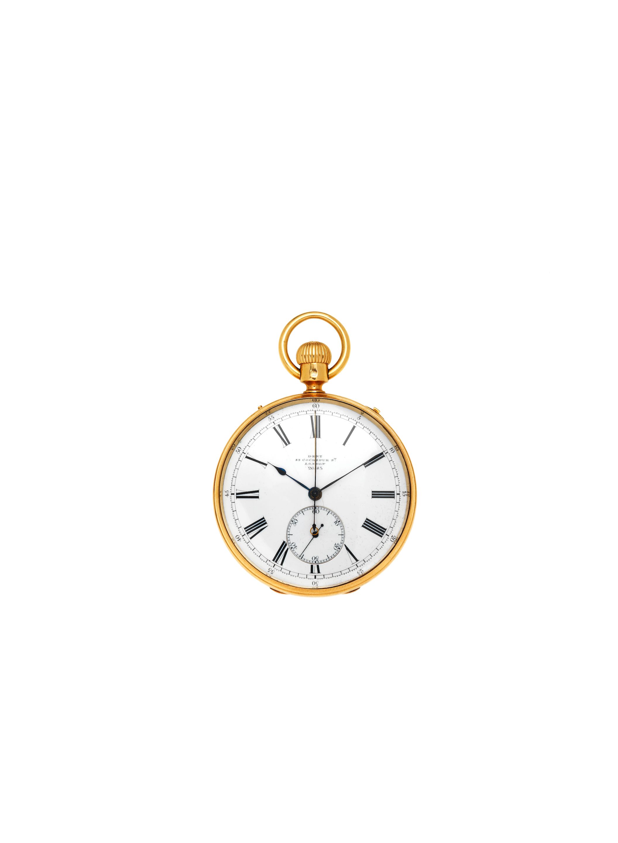 M. F. Dent, 33 Cockspur St, Charing Cross, London. An 18K gold keyless wind open face split second chronograph pocket watch Retailed by Sylvester Hogan, ...