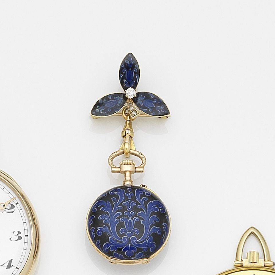 Swiss. A Continental gold and keyless wind open face enamel fob watch, with enamel and diamond set brooch Case & Cuvette No.41907, Circa 1920
