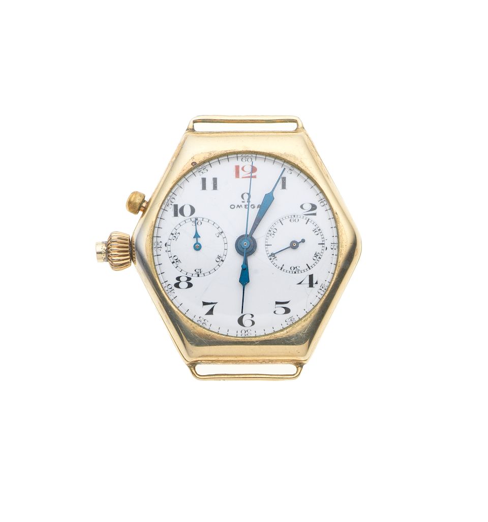 Omega. An unusual and rare 9K gold manual wind hexagonal single button chronograph watch Circa 1930