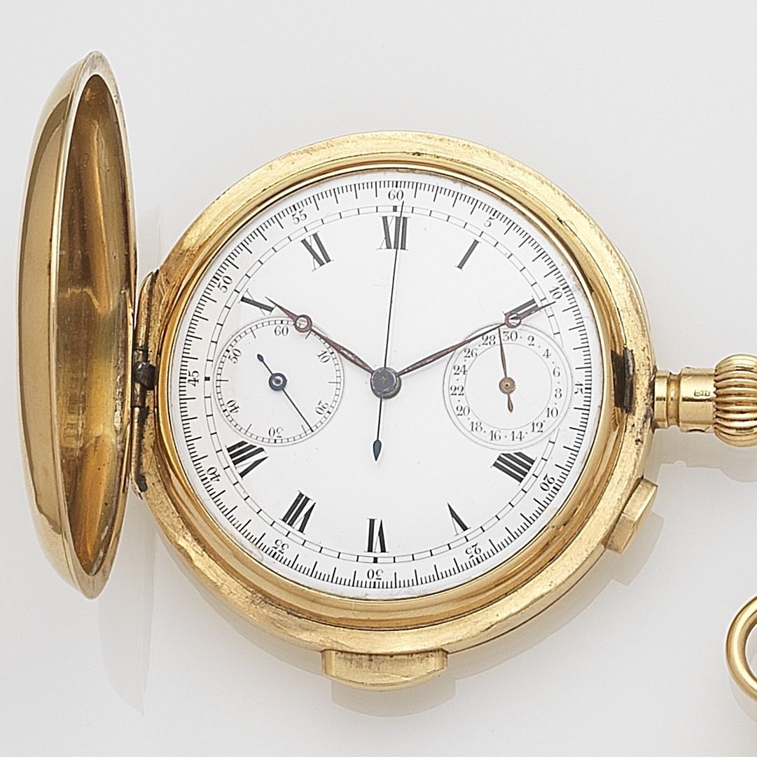 Swiss. An 18ct gold keyless wind full hunter chronograph minute repeating pocket watch Case and Cuvette No.39526, London Hallmark for 1813