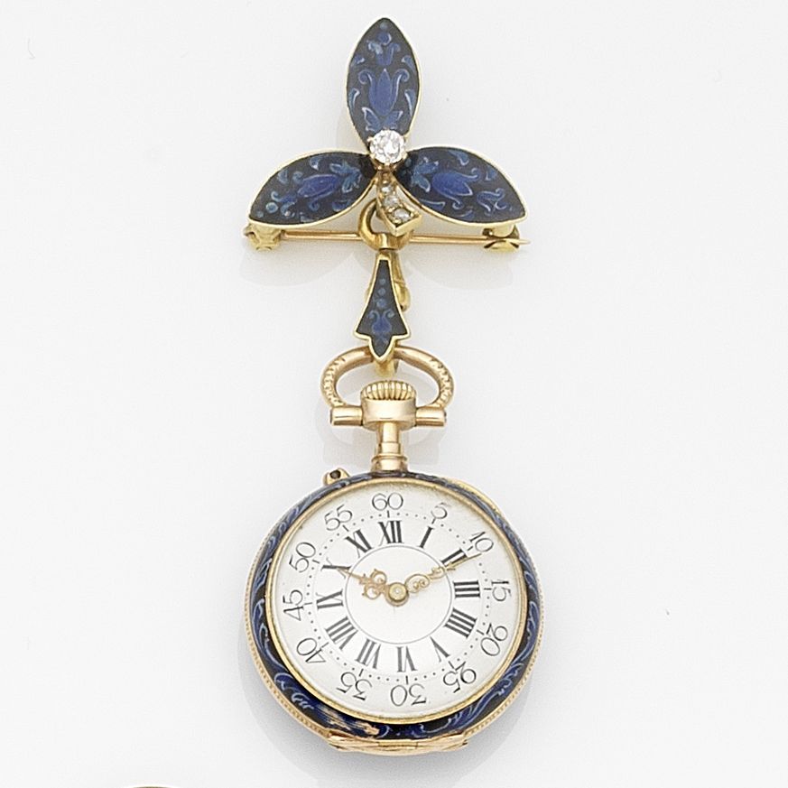 Swiss. A continental gold and keyless wind open face enamel fob watch, with enamel and diamond set brooch Case & Cuvette No.41907, Circa 1920