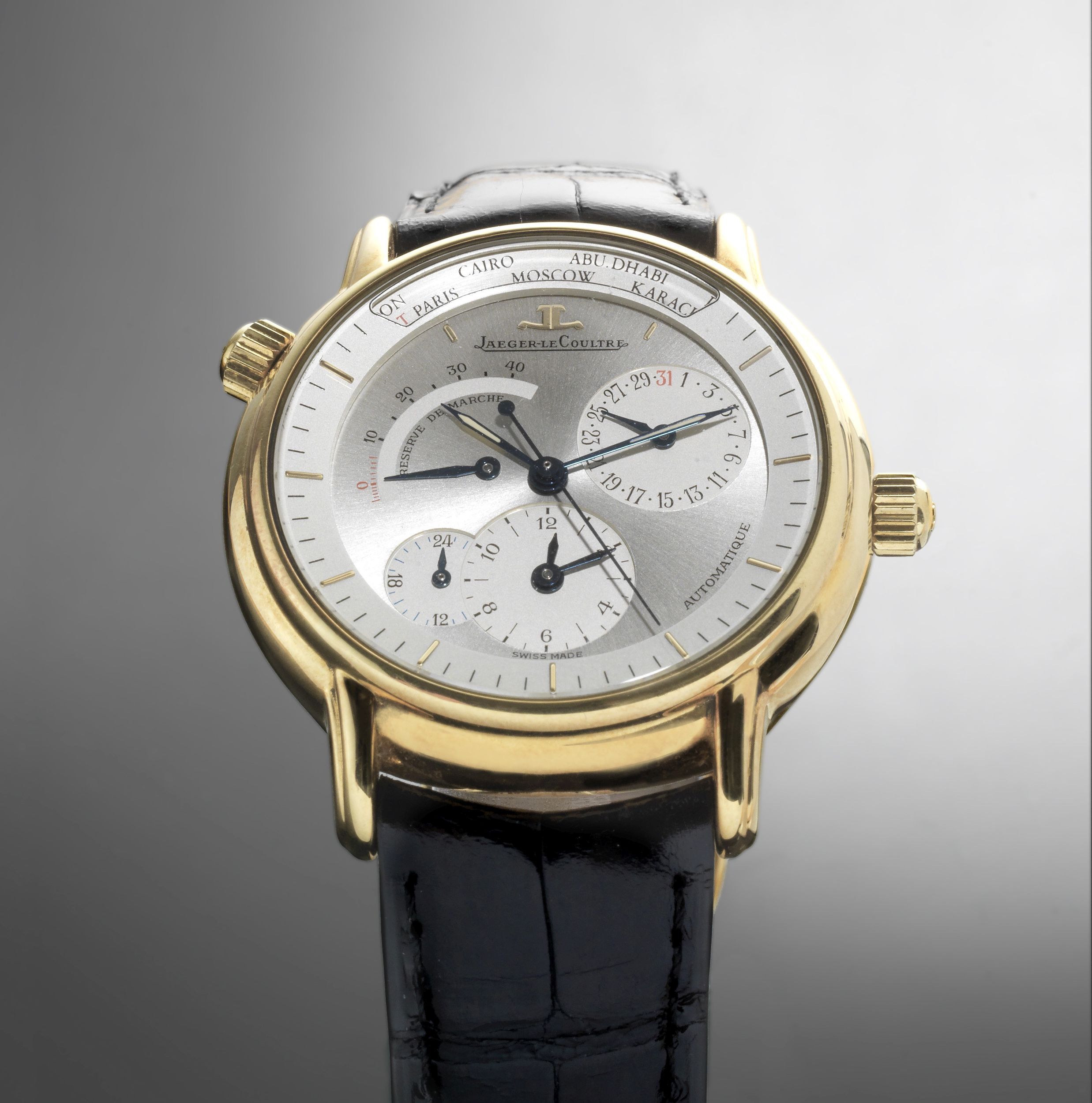 Jaeger-LeCoultre. An 18K gold automatic calendar wristwatch with dual time zone and power reserve Master Control Geographique, Ref:169.1.92, No.0646, Movement No.2482574, Sold 6th September 1995
