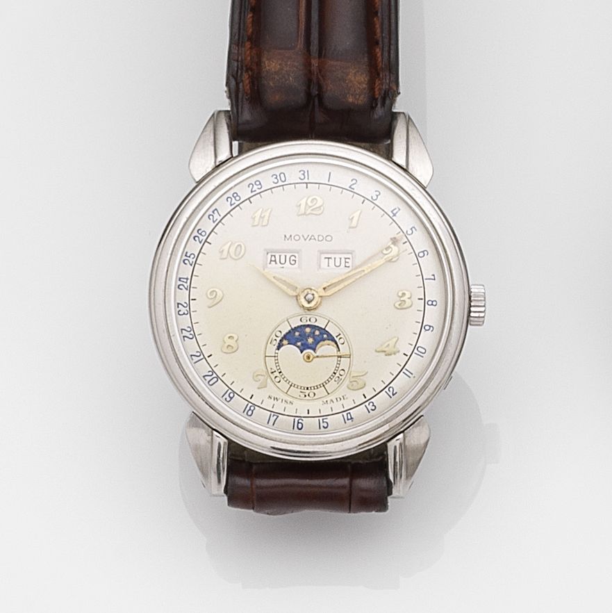 Movado. A stainless steel manual wind triple calendar wristwatch with moon phase Ref:14920, Case No.C483208, Circa 1945