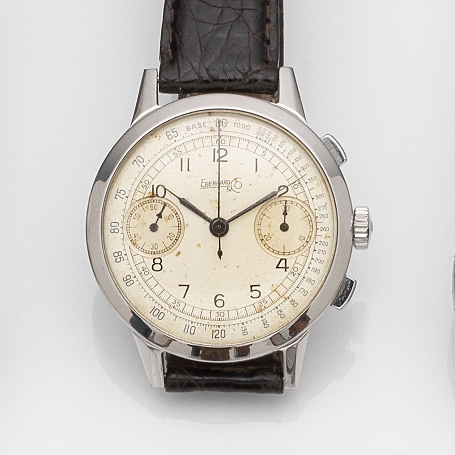 Eberhard & Co. A stainless steel manual wind single button chronograph wristwatch with stop function Case No.1031332, Circa 1950