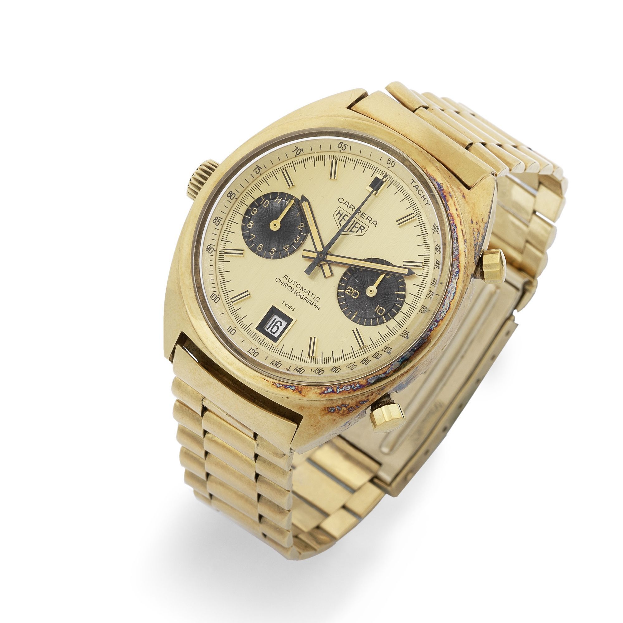 Heuer. A fine 18k gold automatic calendar chronograph bracelet watch Carrera, Ref:1158, Case No.320967, Circa 1972
