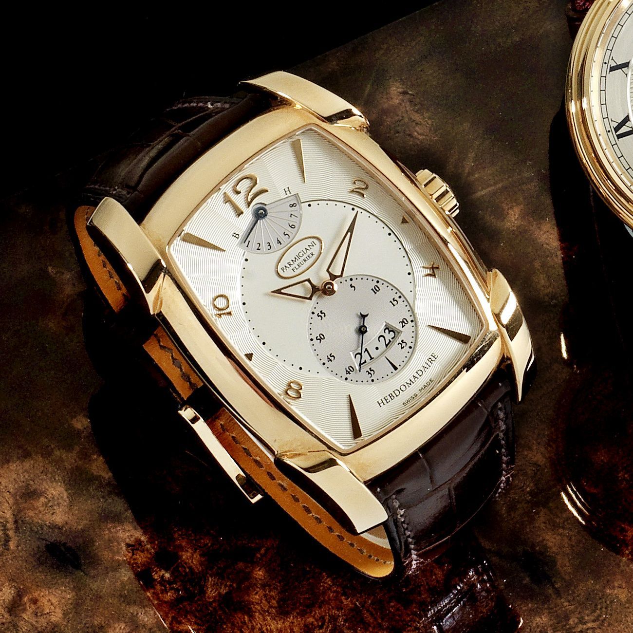 Parmigiani Fleurier. An 18K rose gold rectangular manual wind calendar wristwatch with 8-day power reserve Kalpa XL Hebdomadaire, Case No.26763, Movement No.046298, Sold April 2008