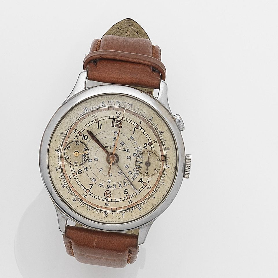 Pfois. A stainless steel manual wind single button chronograph wristwatch Circa 1940