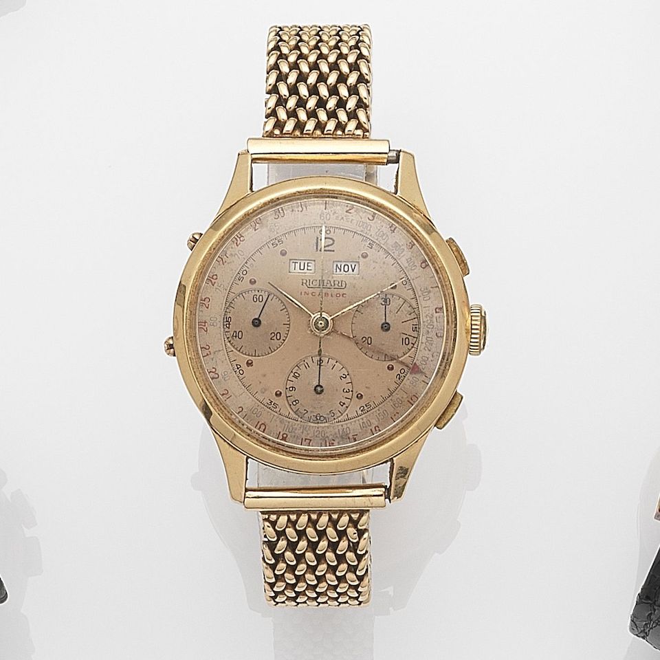Richard. An 18ct gold manual wind triple calendar chronograph bracelet watch Case No.79245, Circa 1950