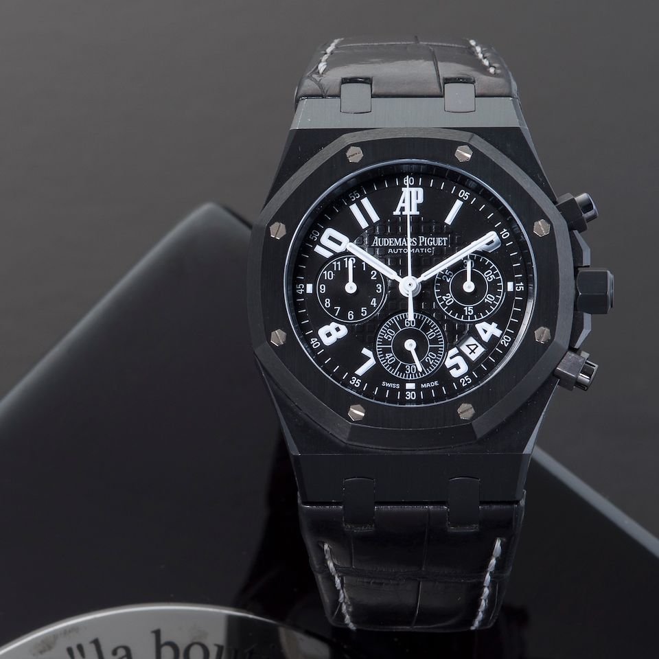 Audemars Piguet. A limited edition PVD-coated stainless steel automatic chronograph calendar wristwatch with box and papers Royal Oak New York La Boutique, Ref:26014SN, Case No.F02747, ...