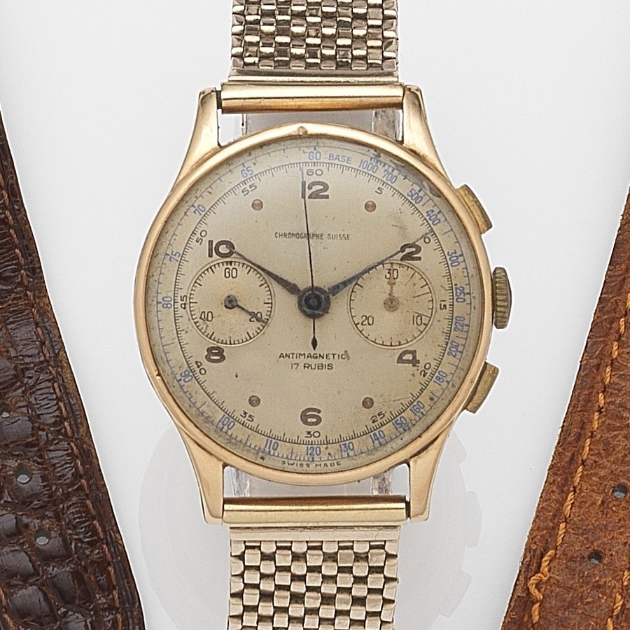 Chronographe Suisse. An 18ct gold manual wind chronograph bracelet watch Case and Cap No.137, Circa 1950