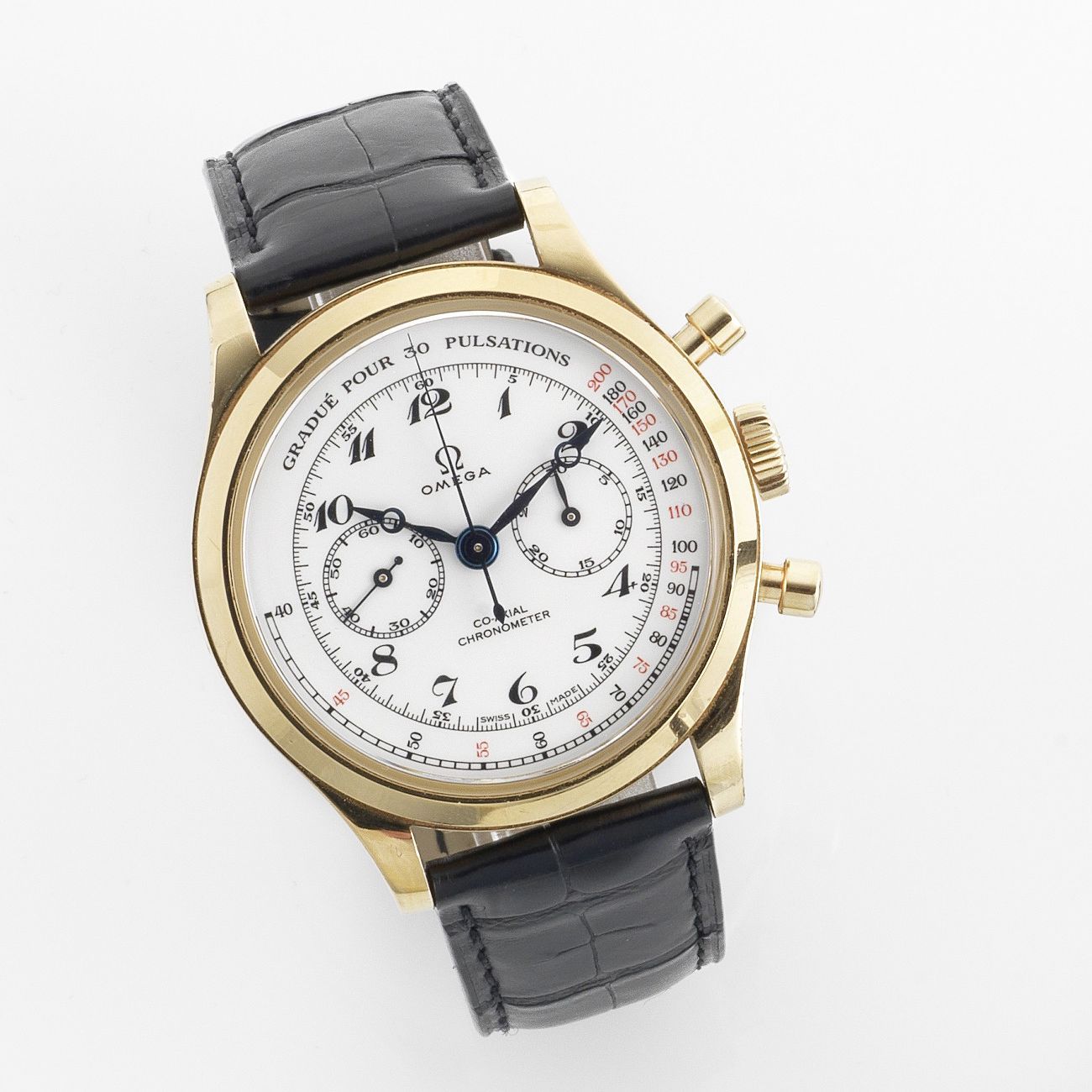Omega. An 18K gold manual wind co-axial chronograph wristwatch Museum Collection 'The MD's Watch', Ref:51653395009001, No.1935/1938, Circa 2011
