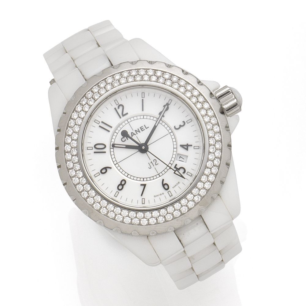 Chanel. A lady's ceramic and diamond set quartz calendar bracelet watch J12, Ref:H0967, Case No:IG15088, Sold 4th October 2007