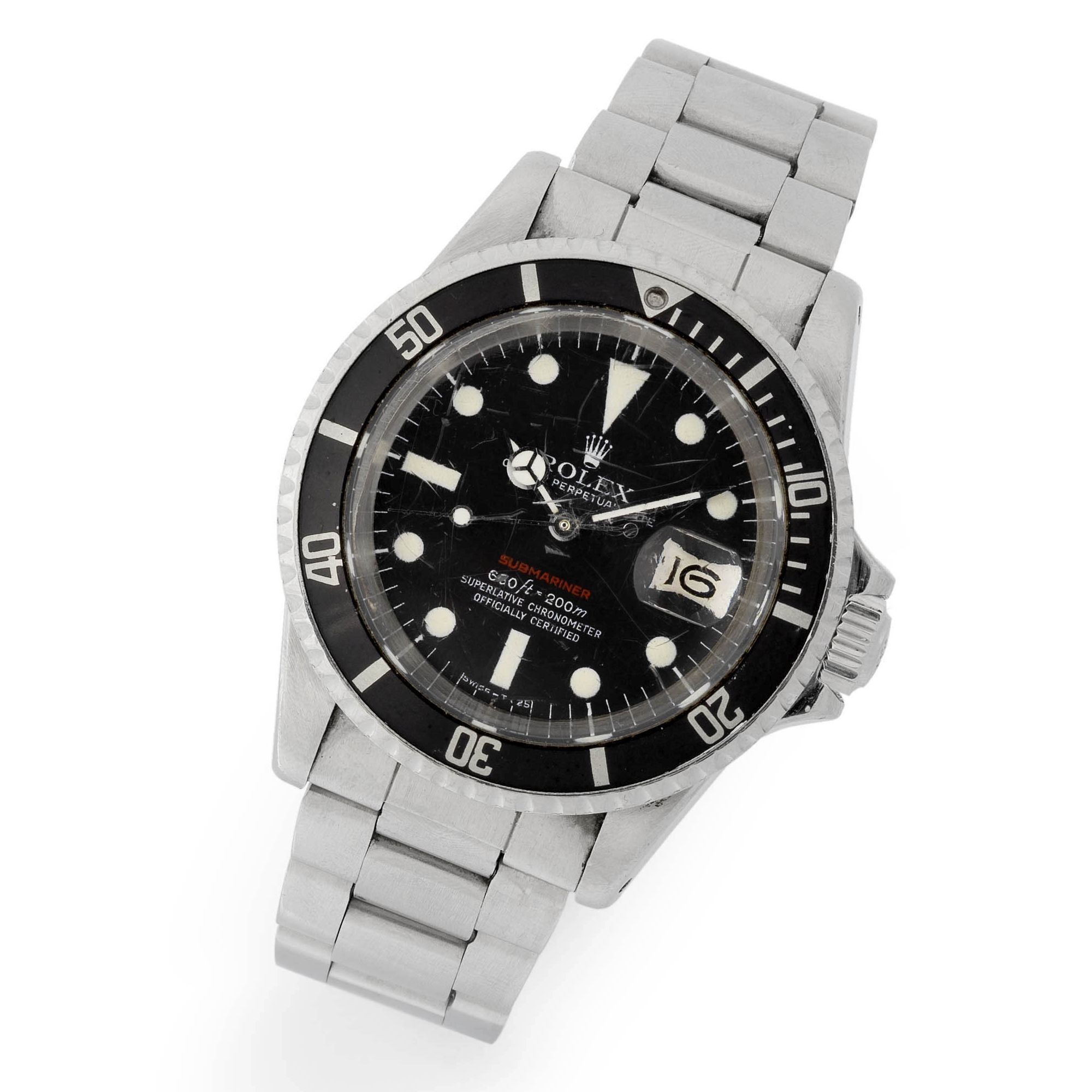 Rolex. A stainless steel automatic calendar bracelet watch 'Red' Submariner, Ref:1680, Serial No.307****, Movement No.D20****, Circa 1971