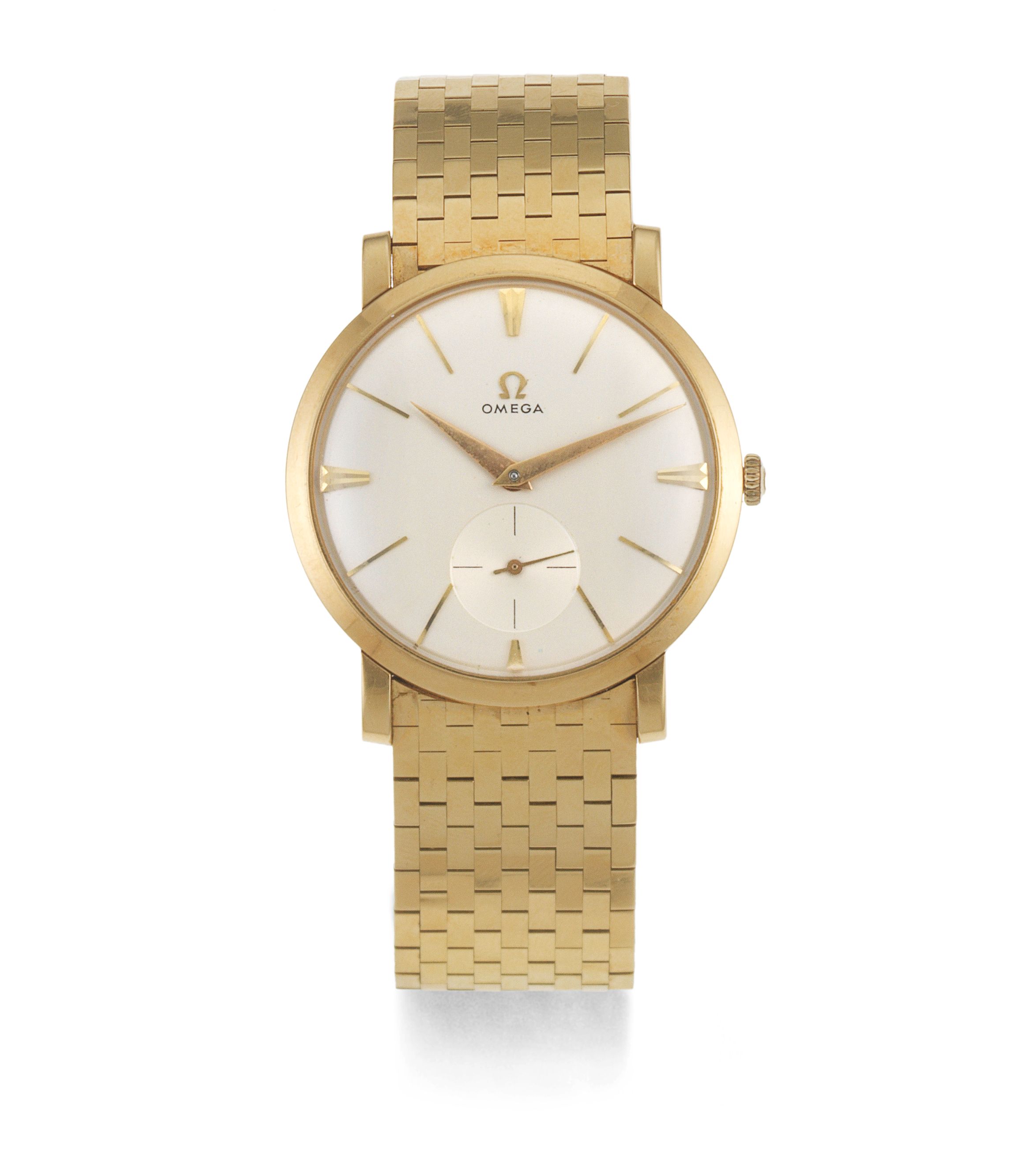 Omega. An 18K gold manual wind bracelet watch London Hallmark for 1958