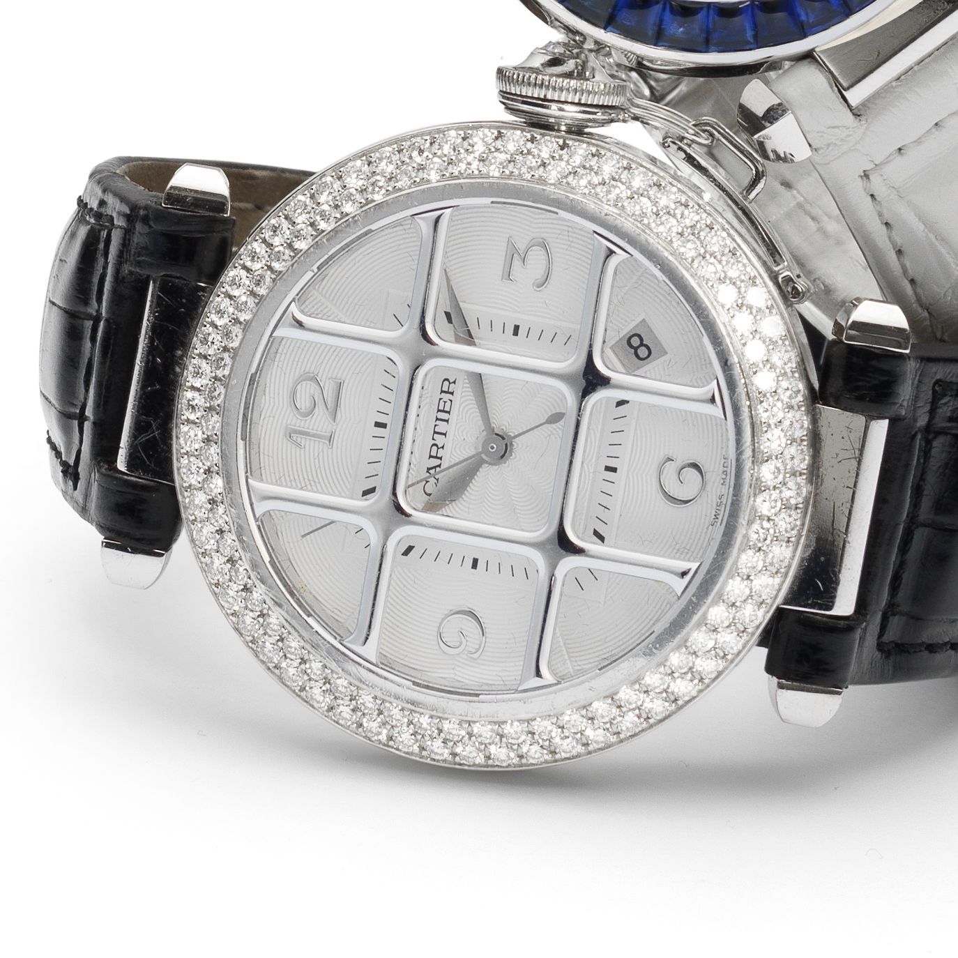 Cartier. An 18ct white gold and diamond set automatic calendar wristwatch Pasha, Ref:2402, Serial No.297239MG, Sold 9th June 2001
