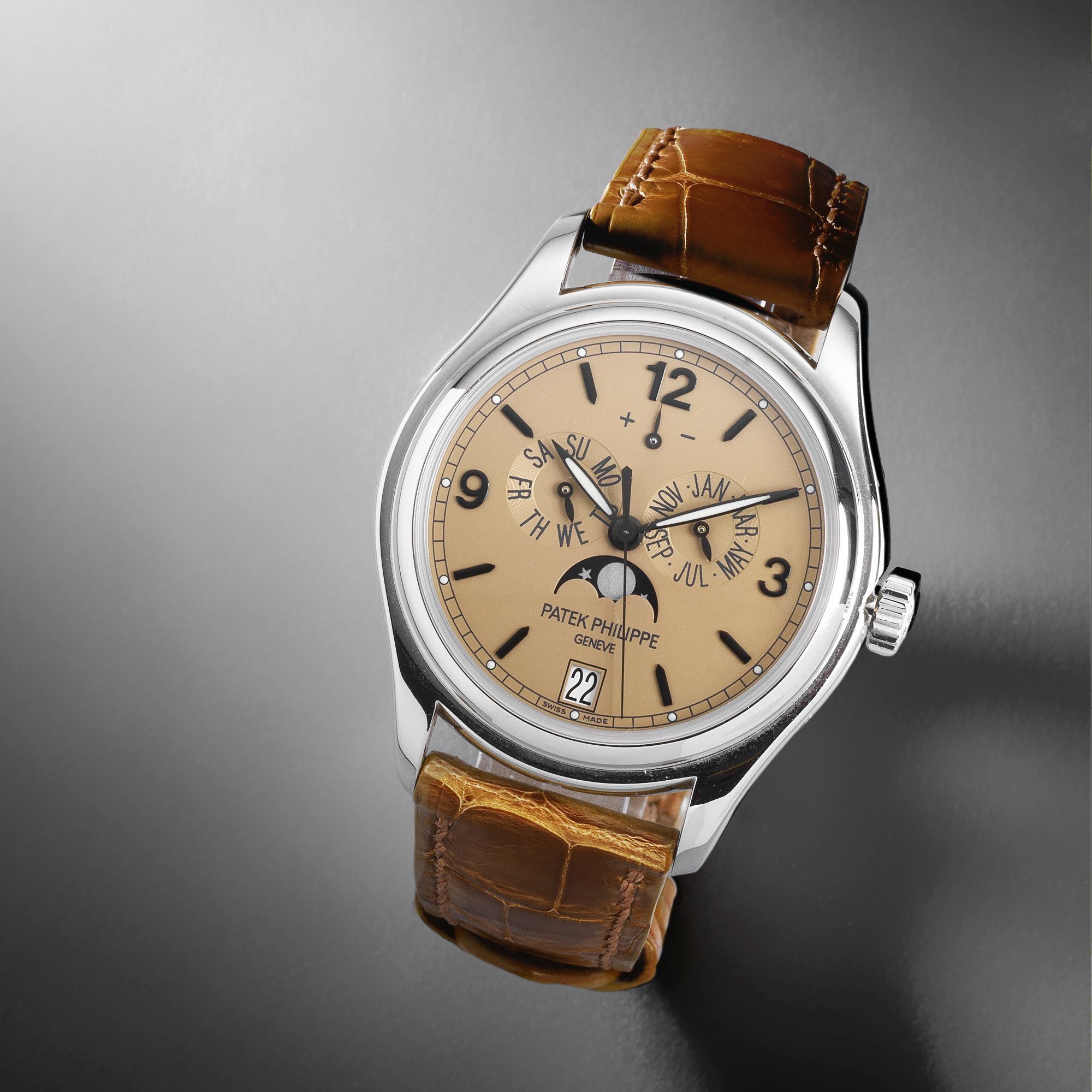 Patek Philippe. A fine and unusual platinum automatic annual calendar wristwatch with moon phase and power reserve and special escapement Ref:5450P 'Advanced Research', Case No.4429165, ...