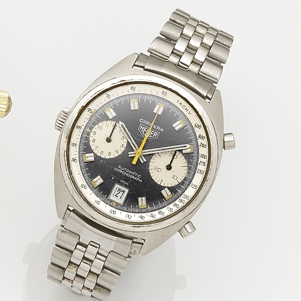 Heuer. A stainless steel automatic calendar chronograph bracelet watch Carrera, Ref:1153, Case No.190331, Circa 1970